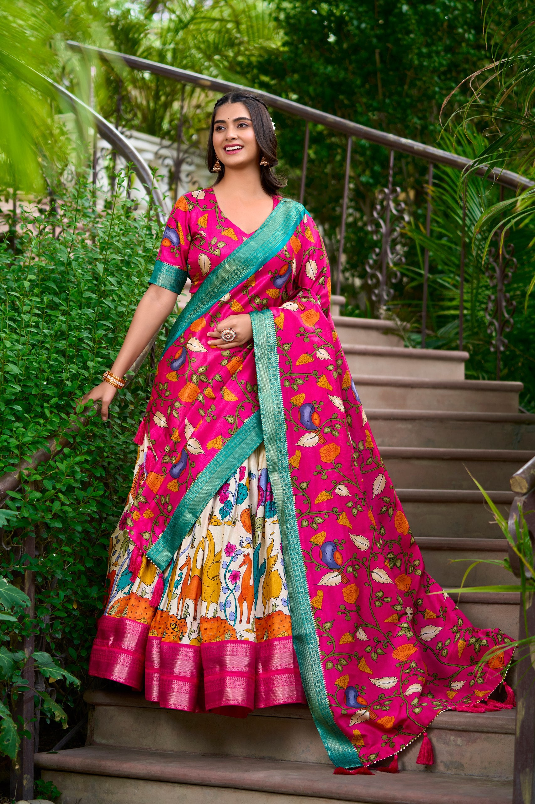 Dola Silk Lehenga Choli Kalamkari Print with Weaving Border