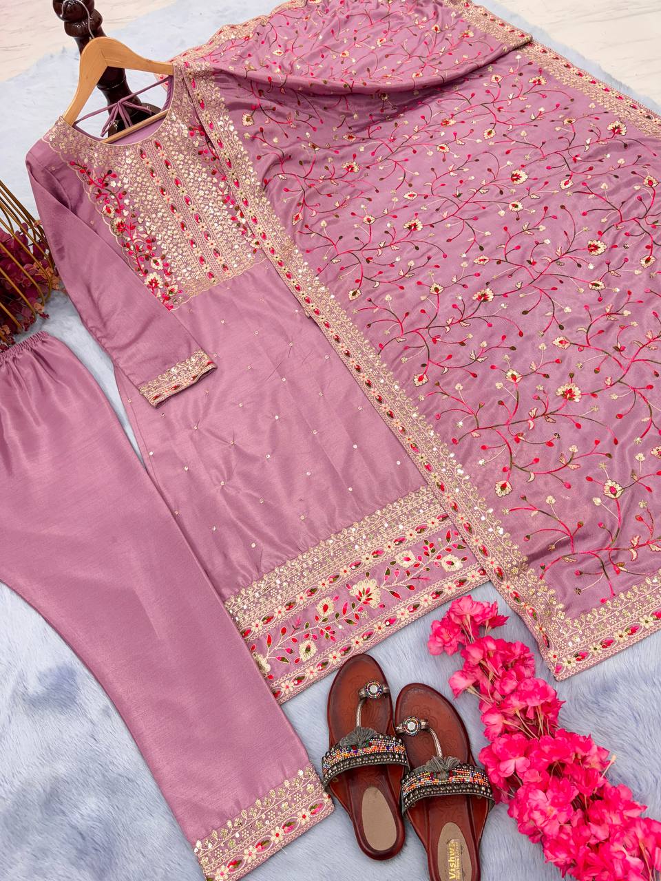 Chinon Silk With Embroidered Work Salwar Suit With Palazzo