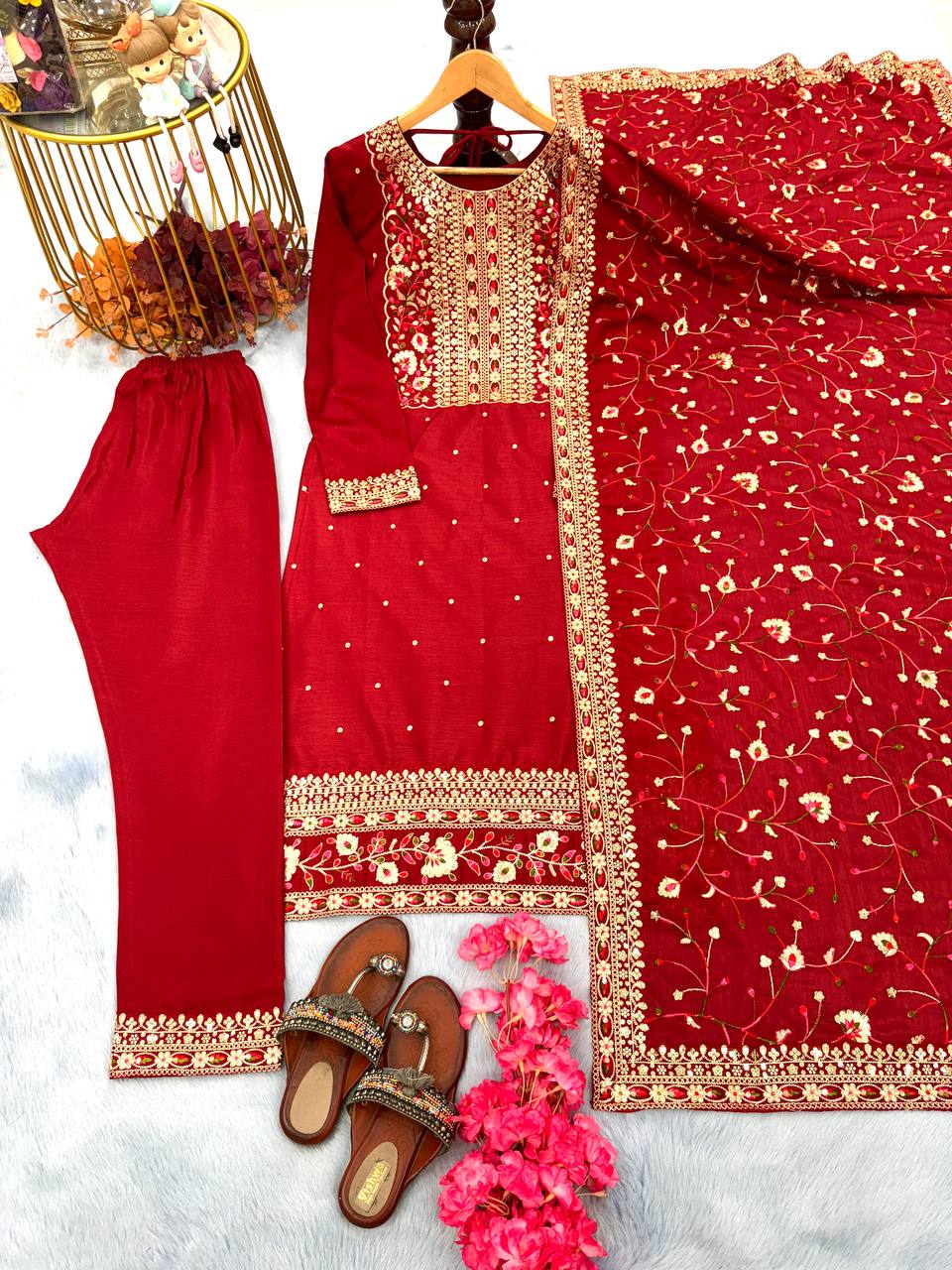 Chinon Silk With Embroidered Work Salwar Suit With Palazzo