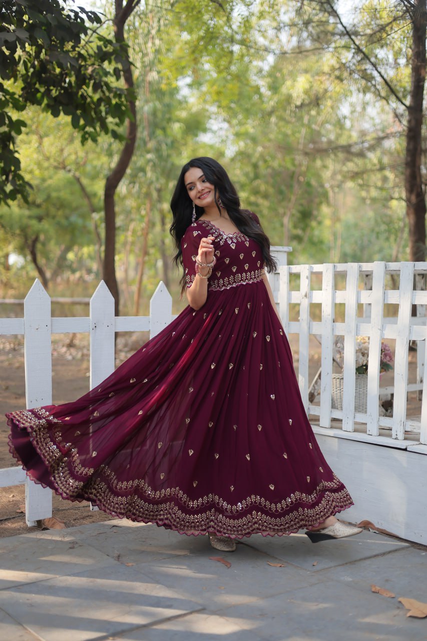 Long Anarkali Gown Blooming with Embroidery Sequins Work