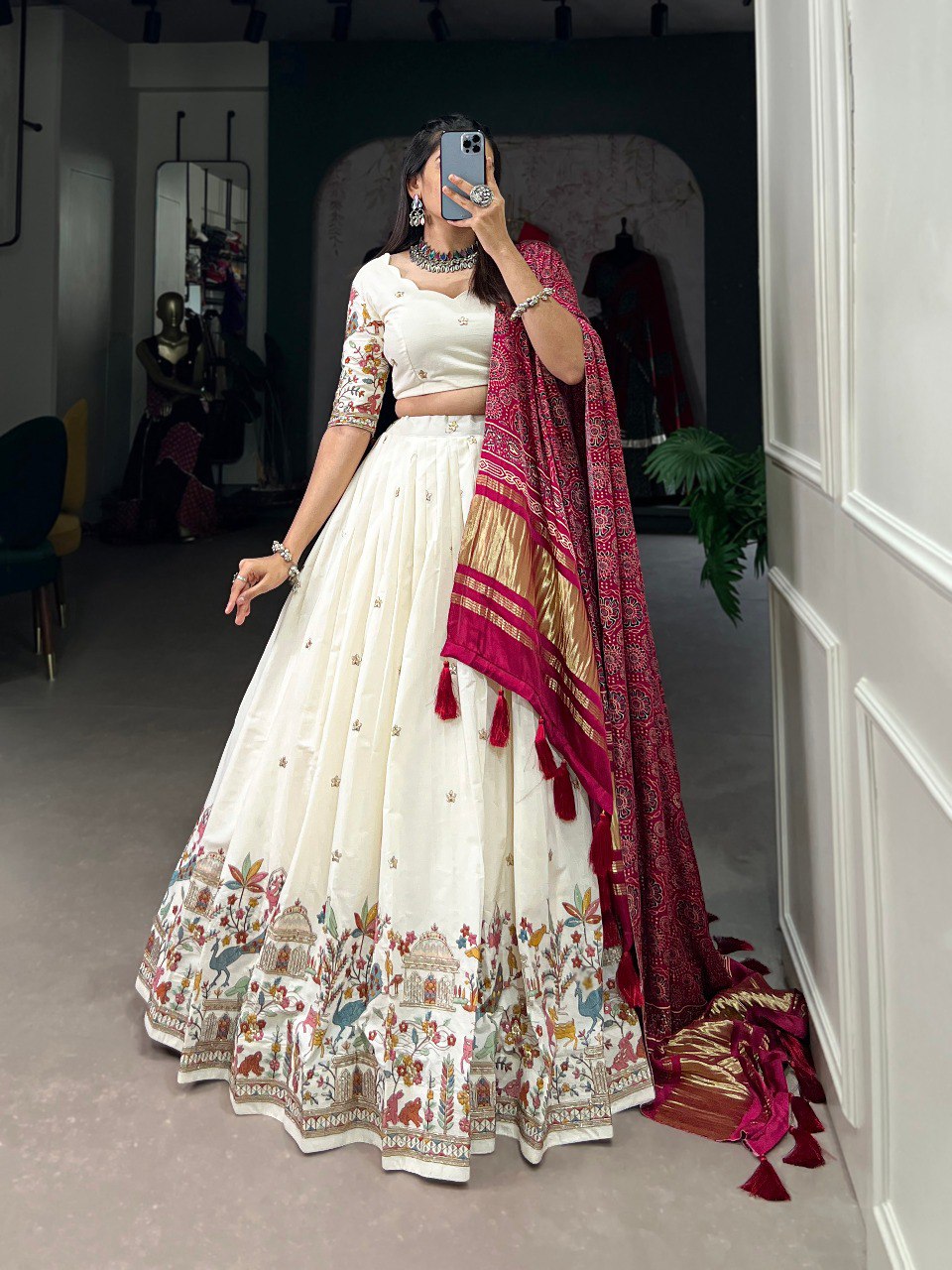 White cotton sequins embroidery lehenga choli for women