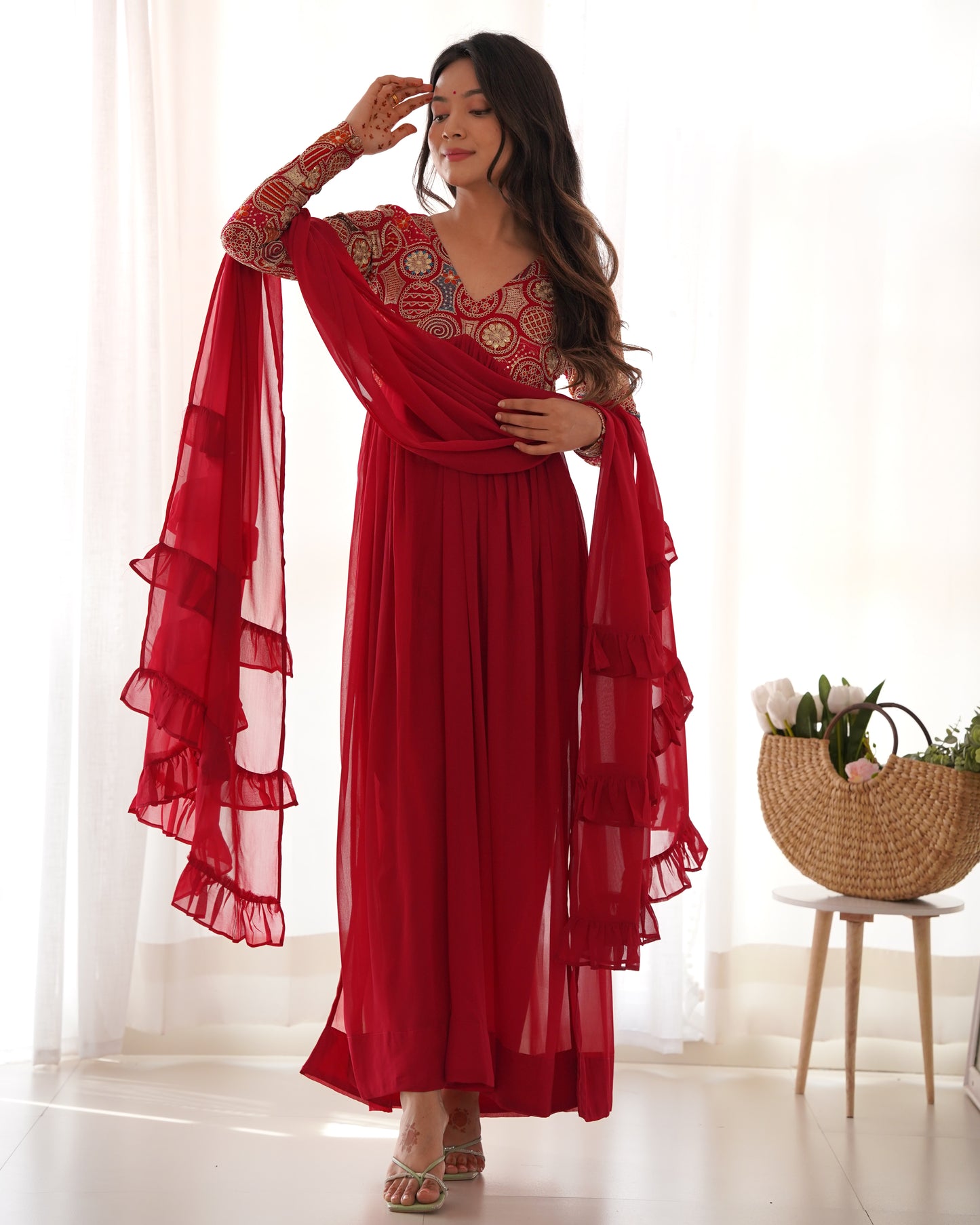 Party Wear Red Color Heavy pure soft Organza Silk, Anarkali Suit Set With Full Sleeves