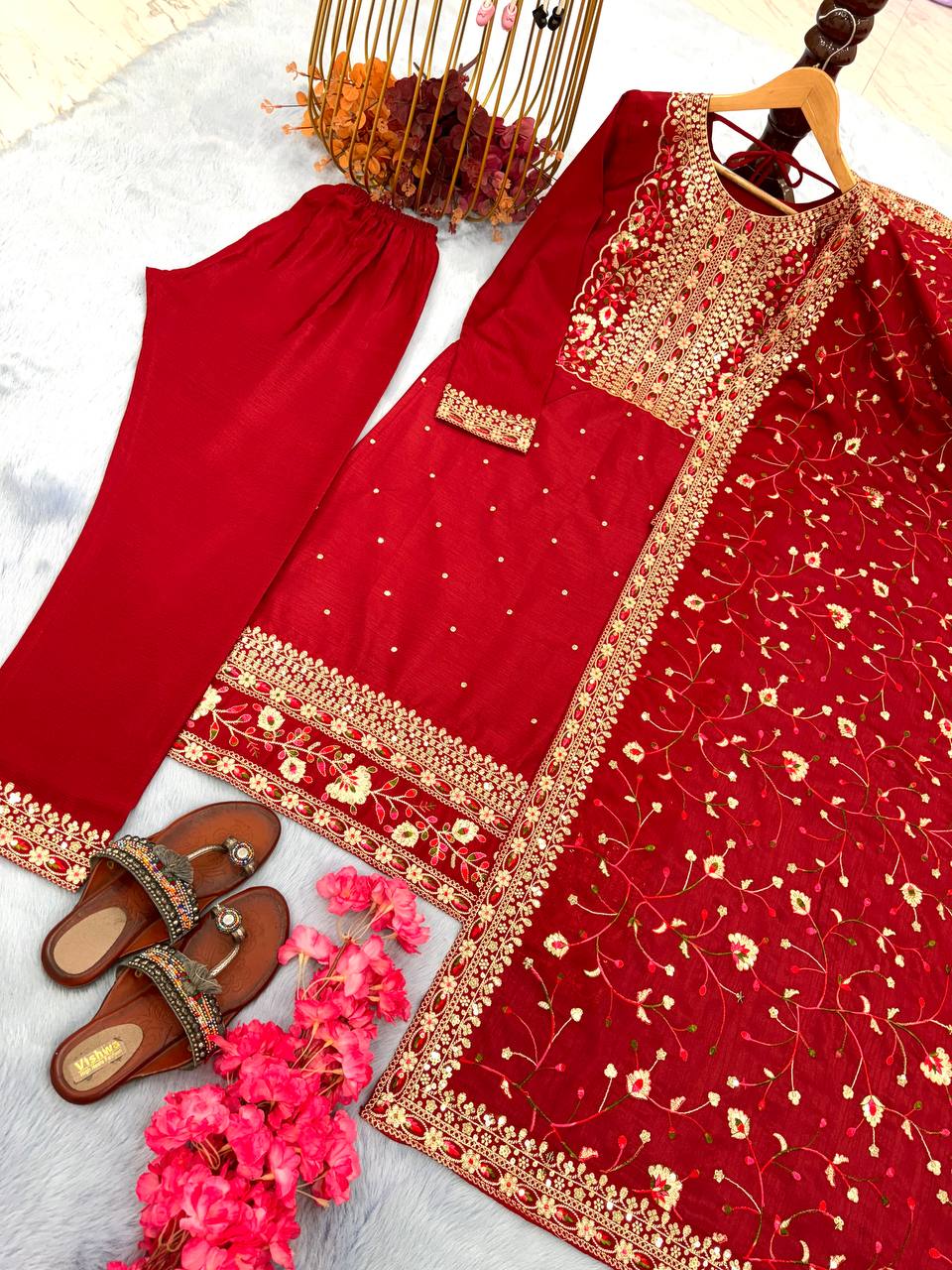 Chinon Silk With Embroidered Work Salwar Suit With Palazzo