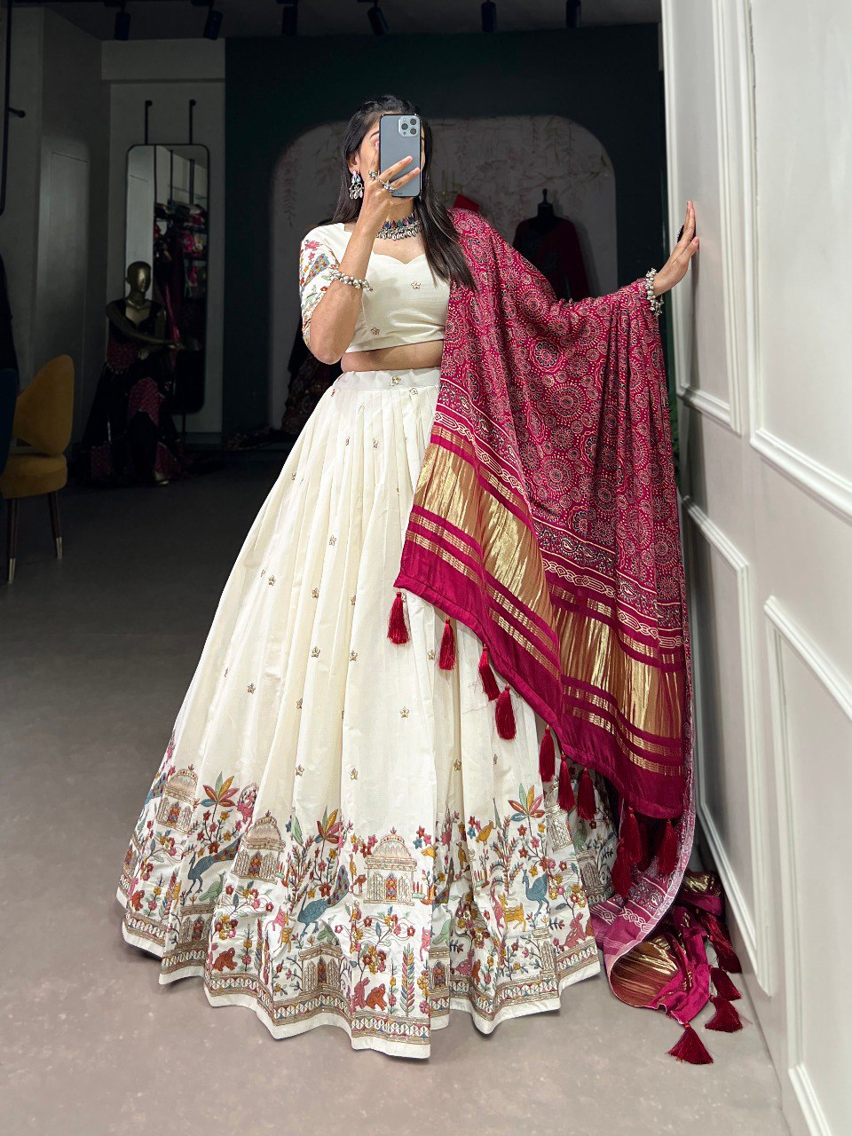 White cotton sequins embroidery lehenga choli for women