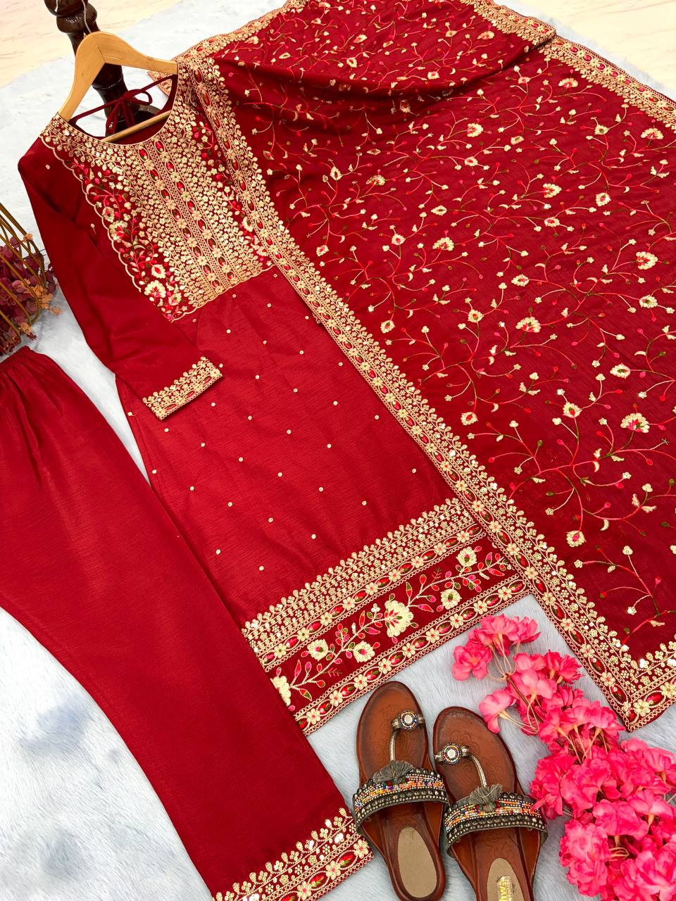 Chinon Silk With Embroidered Work Salwar Suit With Palazzo