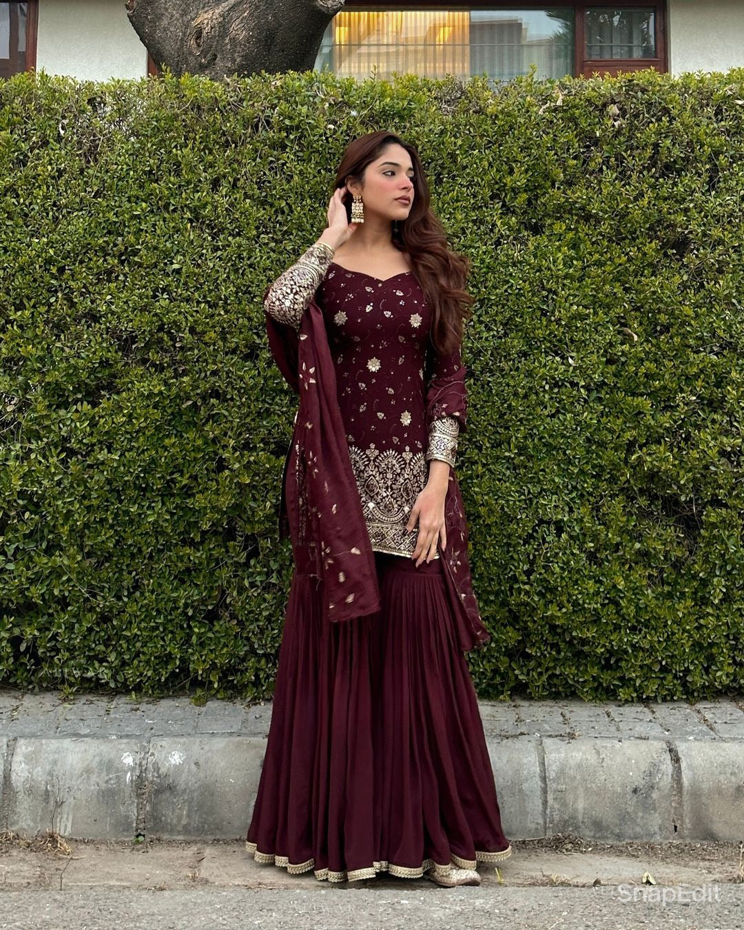 Maroon Color Sharara Set for Women Full Sleeved