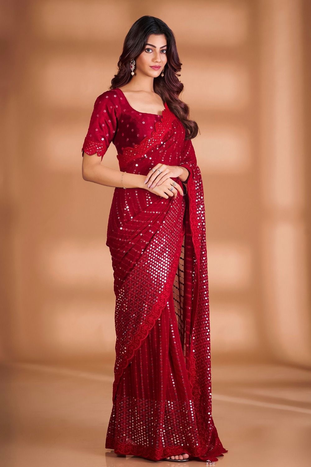 Partywear Red Color Georgette Saree With Blouse