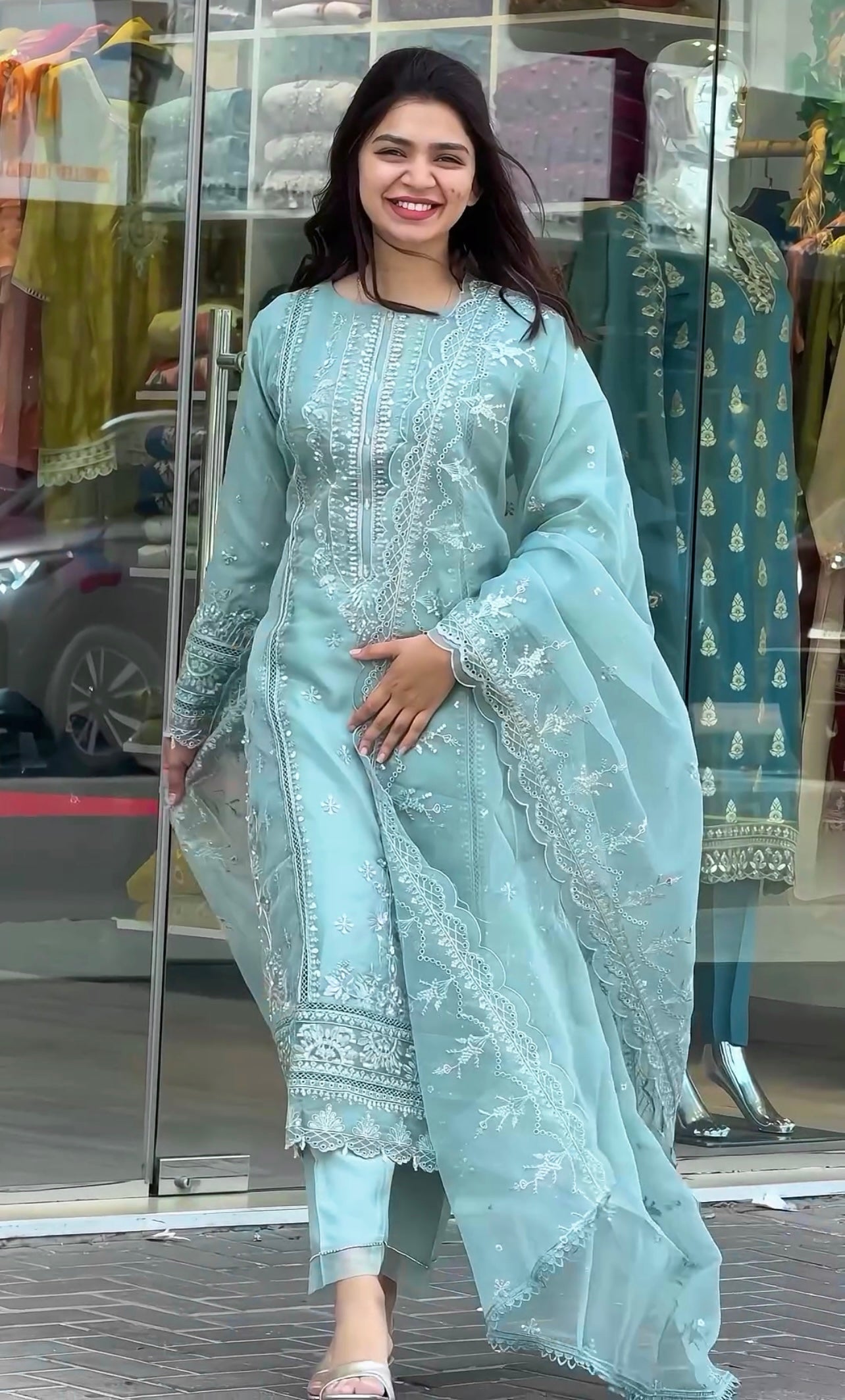 Sky Blue Heavy Pure Organza Salwar Kameez