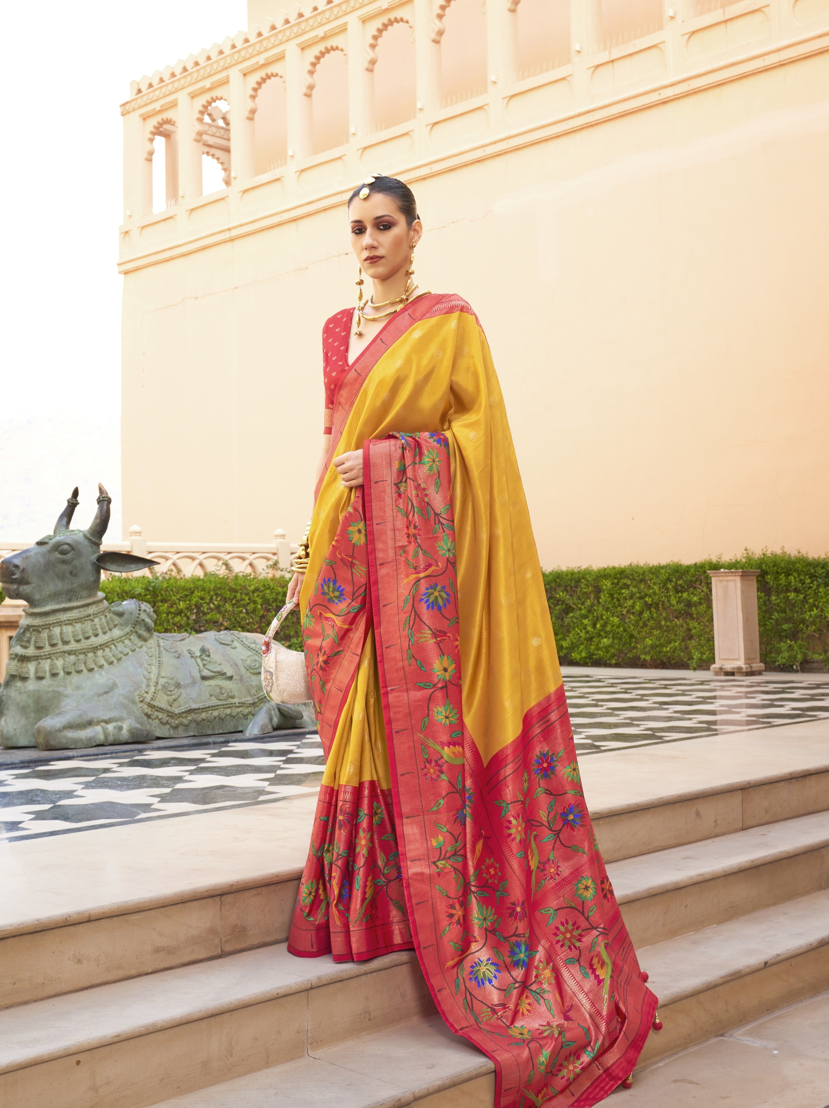 Wedding Function Yellow Paithini Silk Saree with Blouse