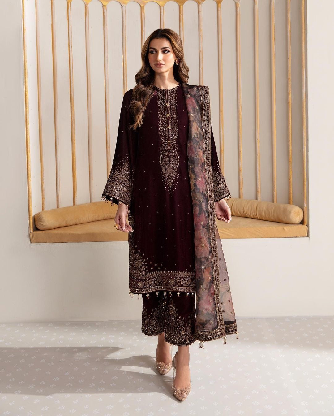 Luxurious Pure Viscose Velvet Palazzo Suit With Printed Dupatta