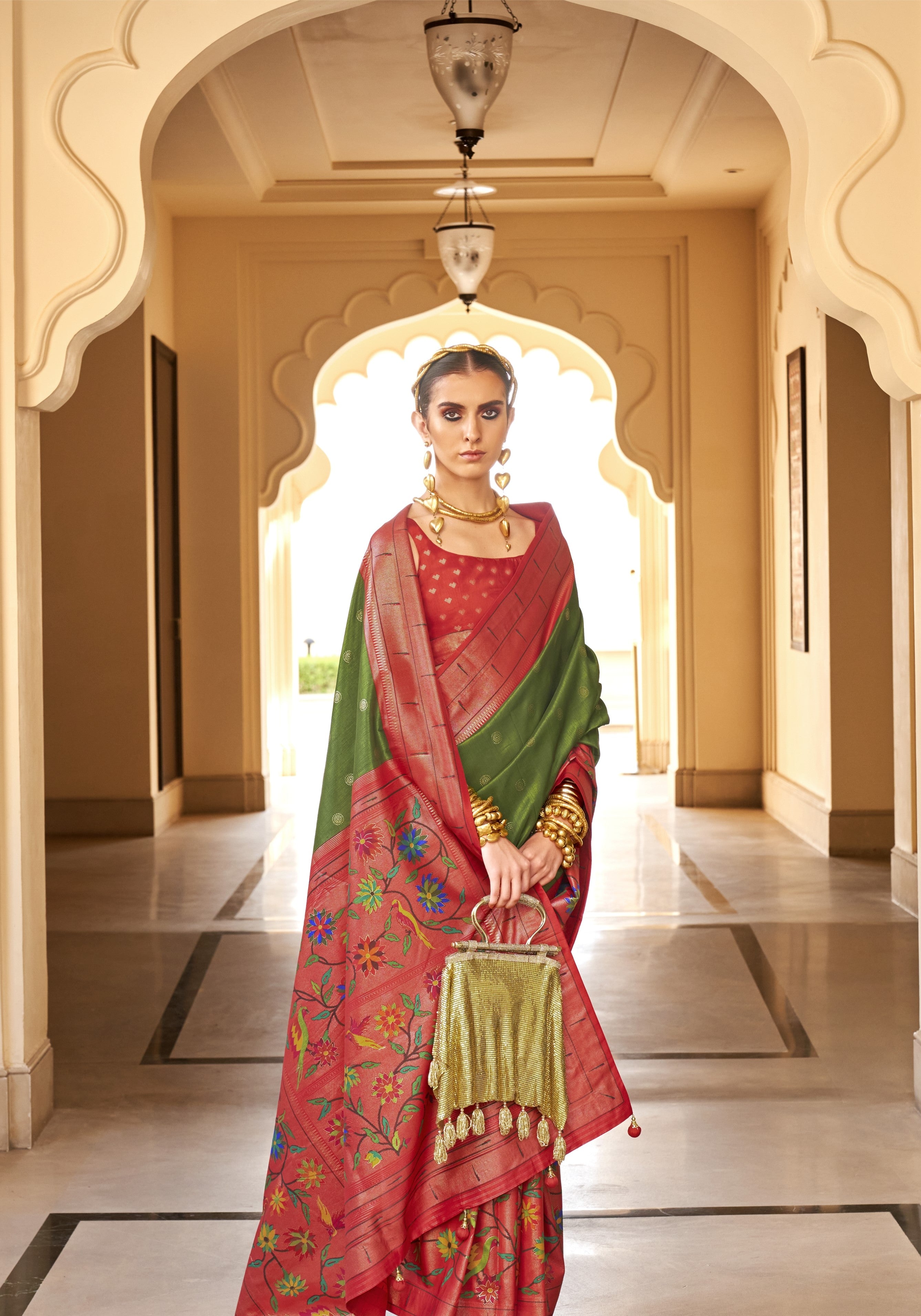 Flower Printed Green and Red Paithini Saree for Women