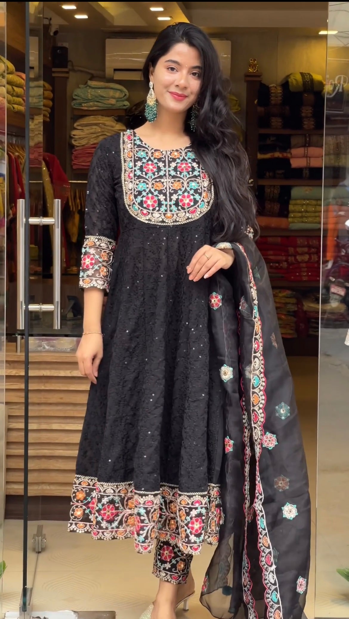 Georgette with Sleeves Black Gown with Dupatta Set