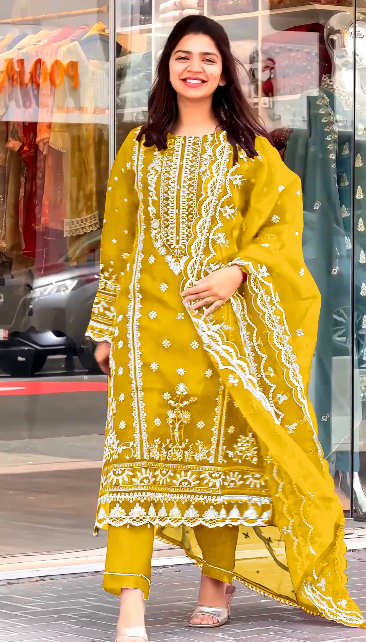 Pure Organza Yellow Salwar Kameez with Pent