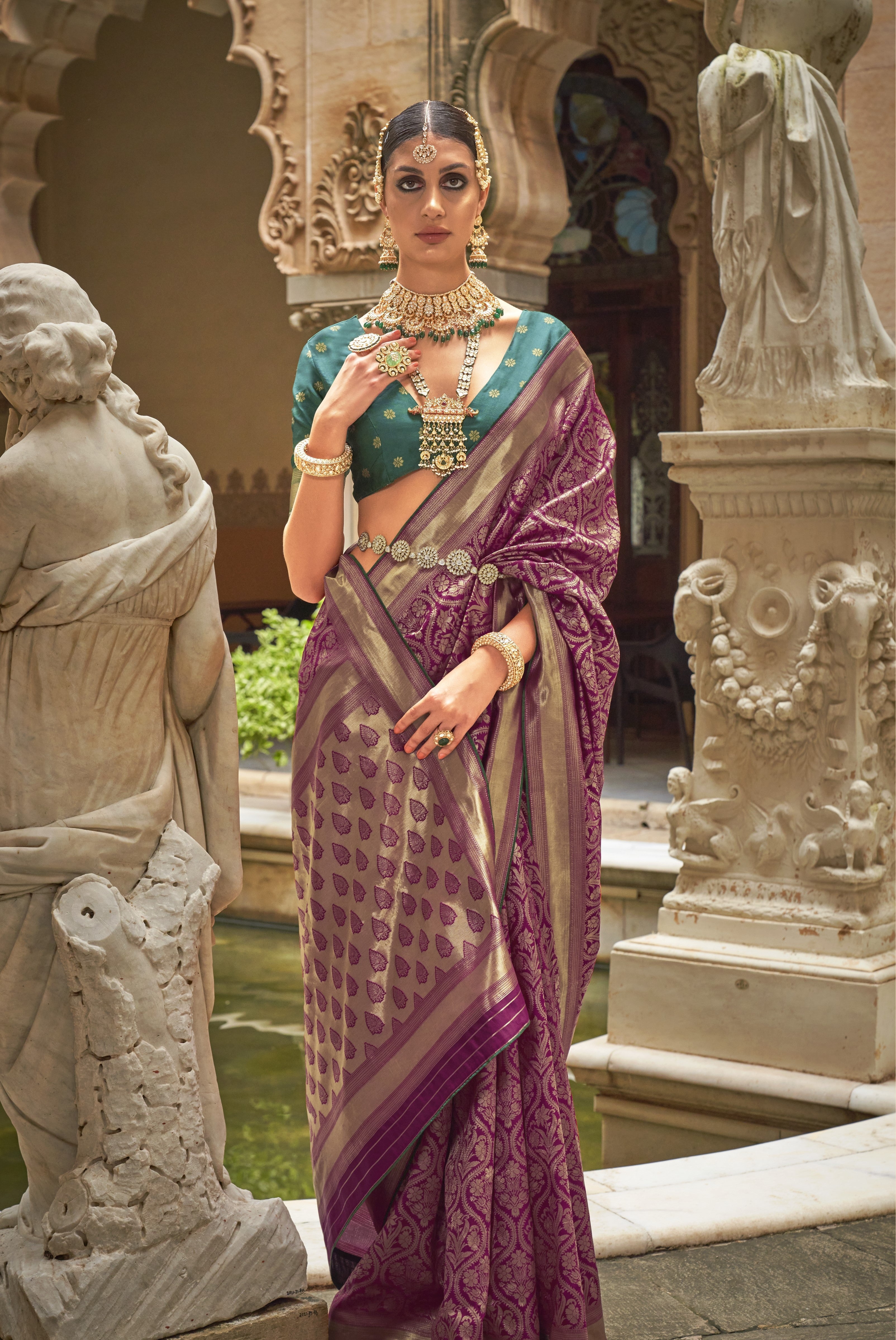 Indian Banarasi Silk Saree With V Neck Silk Blouse