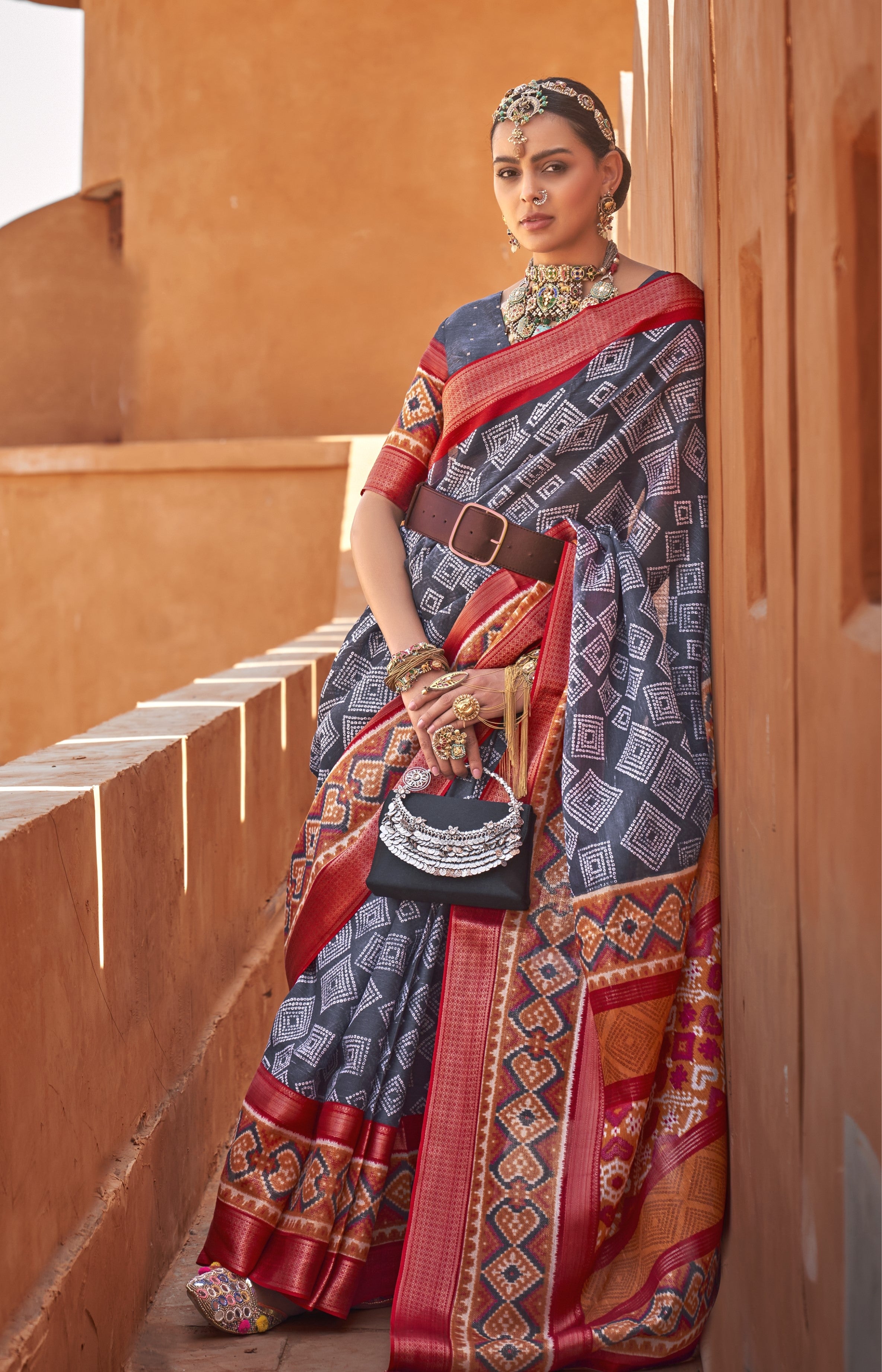 Gray Color Printed Banarasi Silk Saree For Women