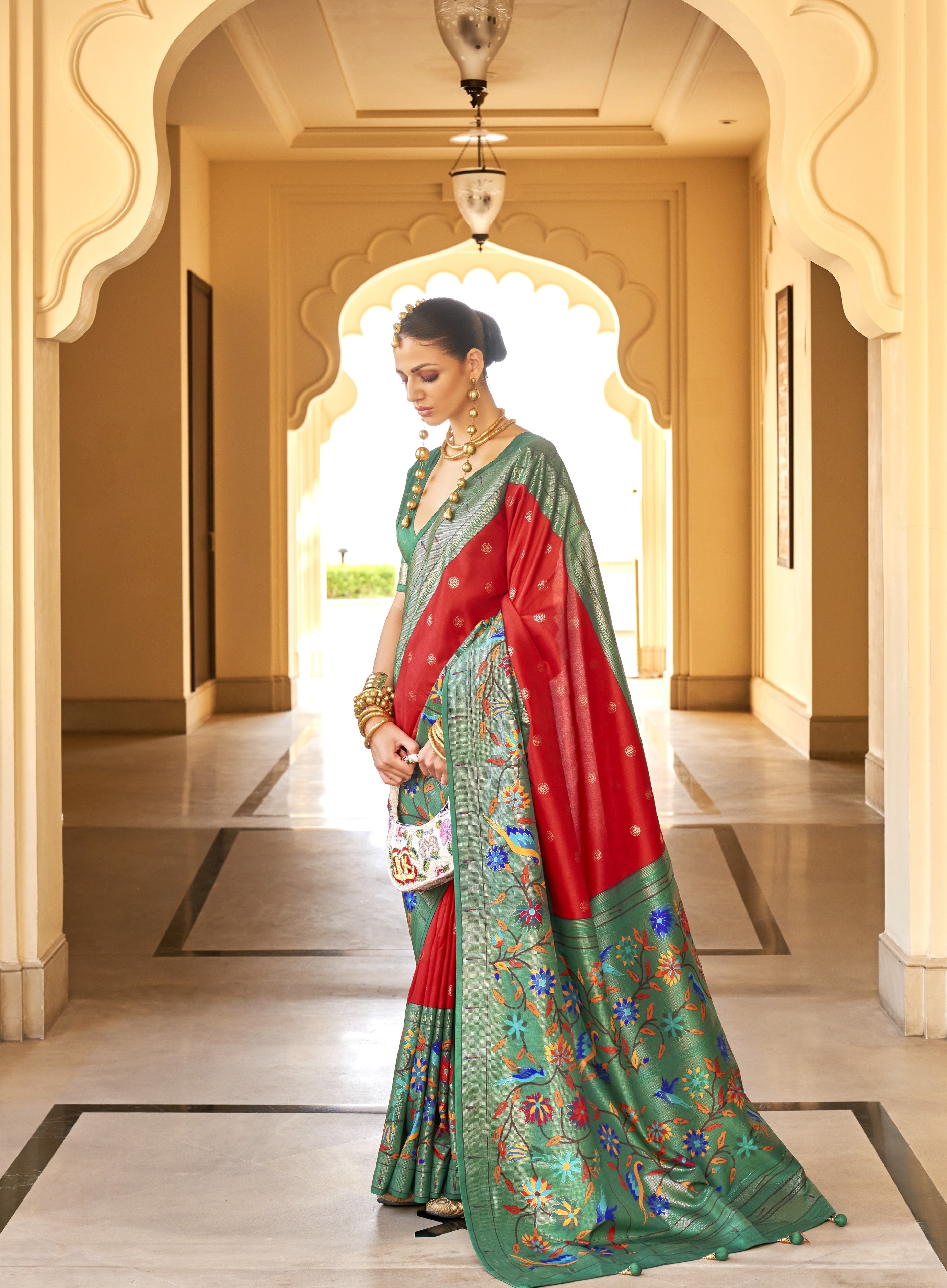 Green and Red  Paithini Silk Saree for Women