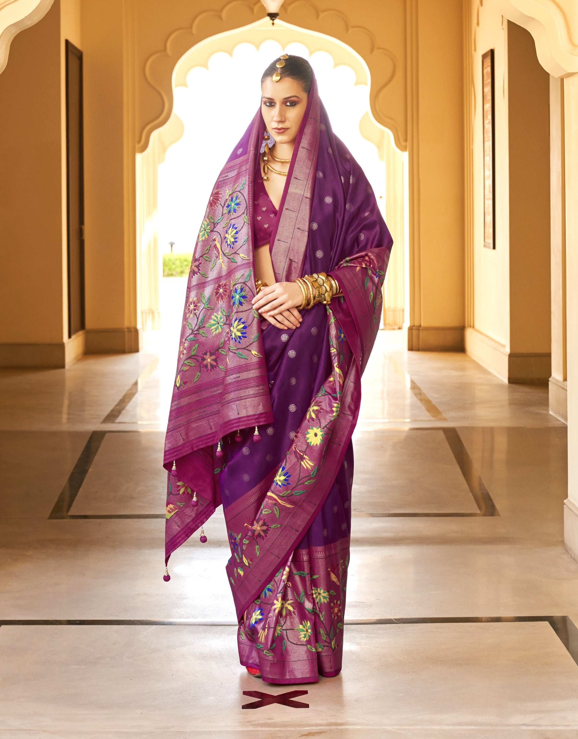 Purple Silk Paithini Printed Saree with V Neck Blouse