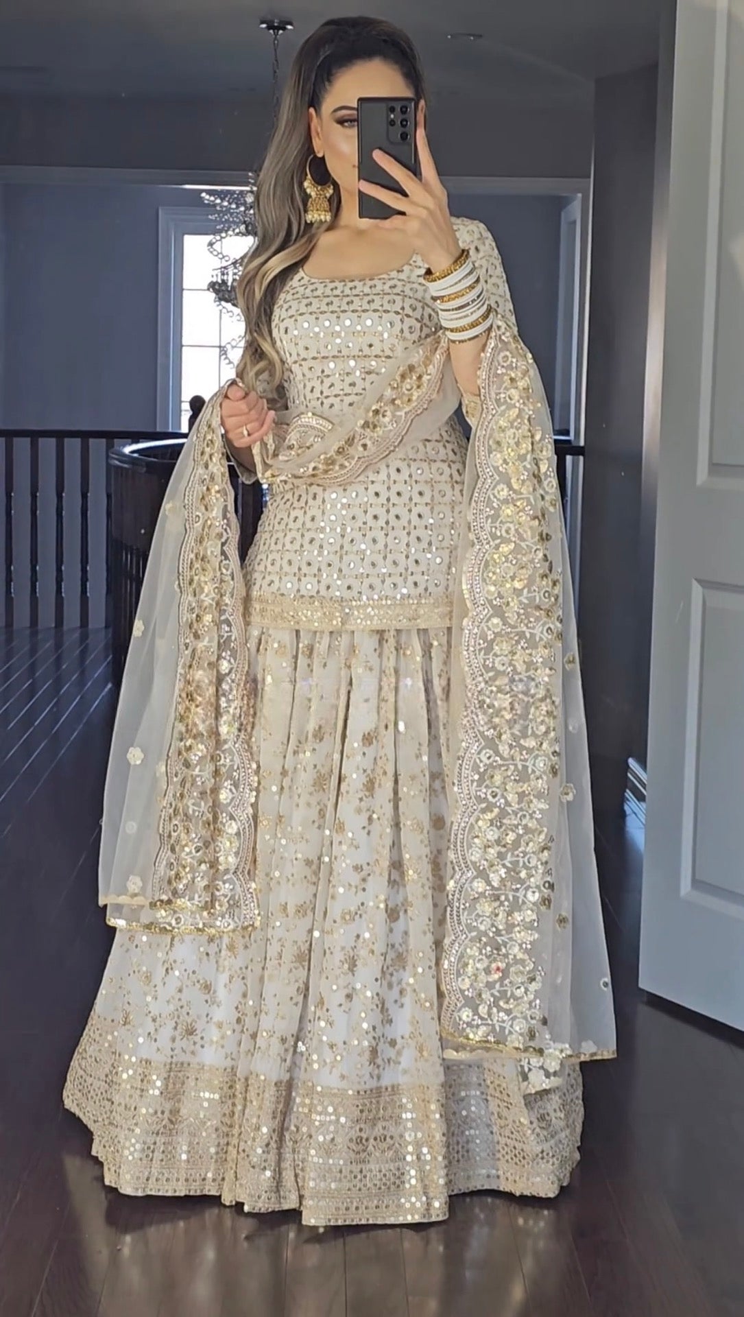 White Color Top with Lehenga Faux Georgette Work