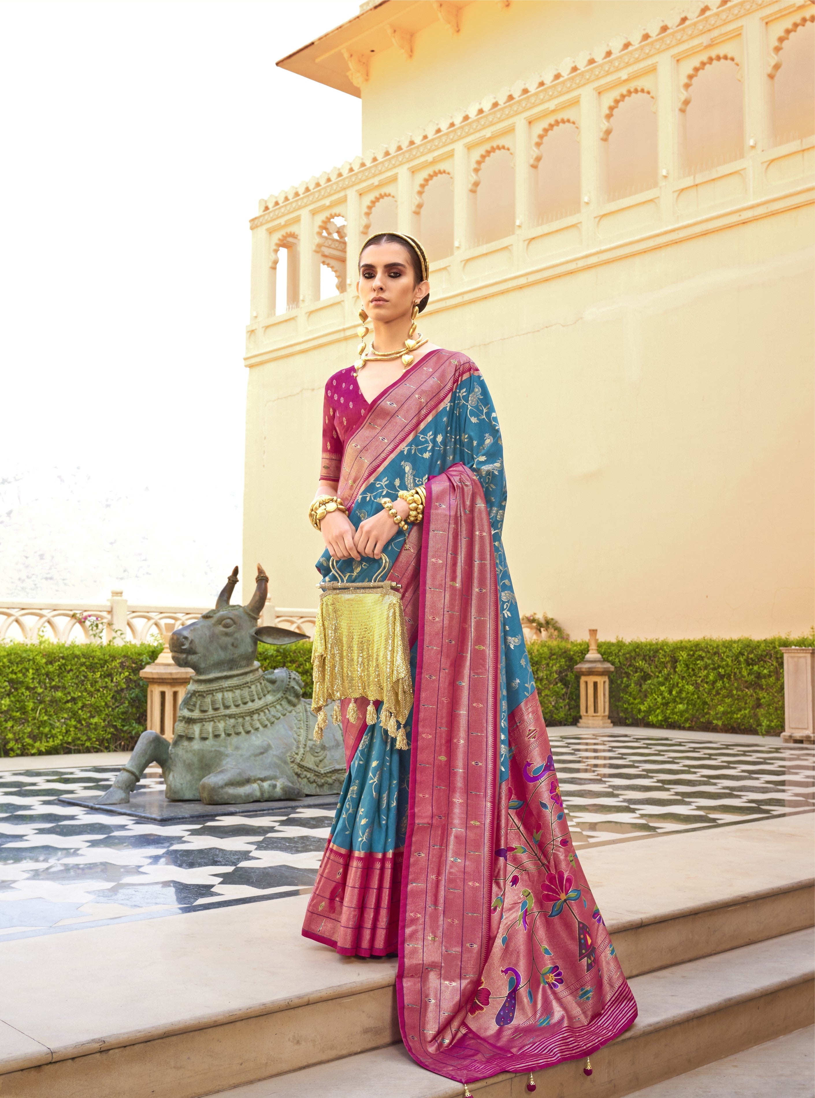 Blue and Pink Paithini Design Silk Saree