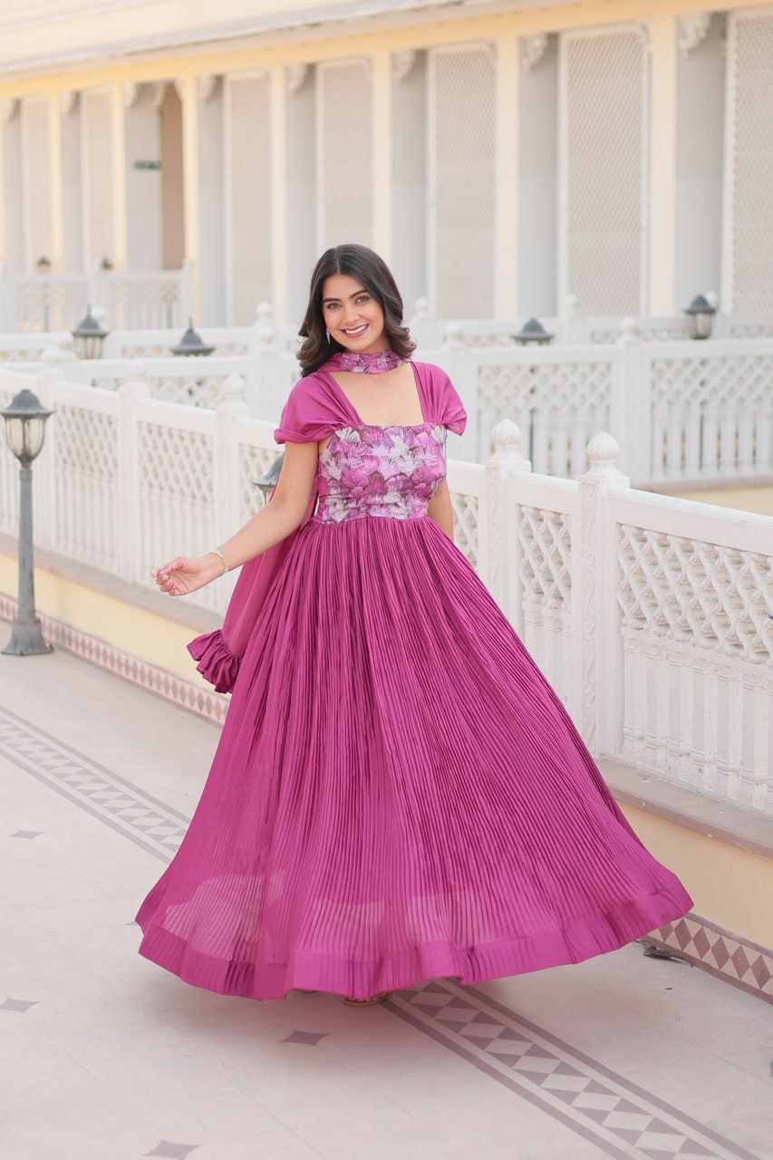 Pink Anarkali Gown Chinon Fabric for Women