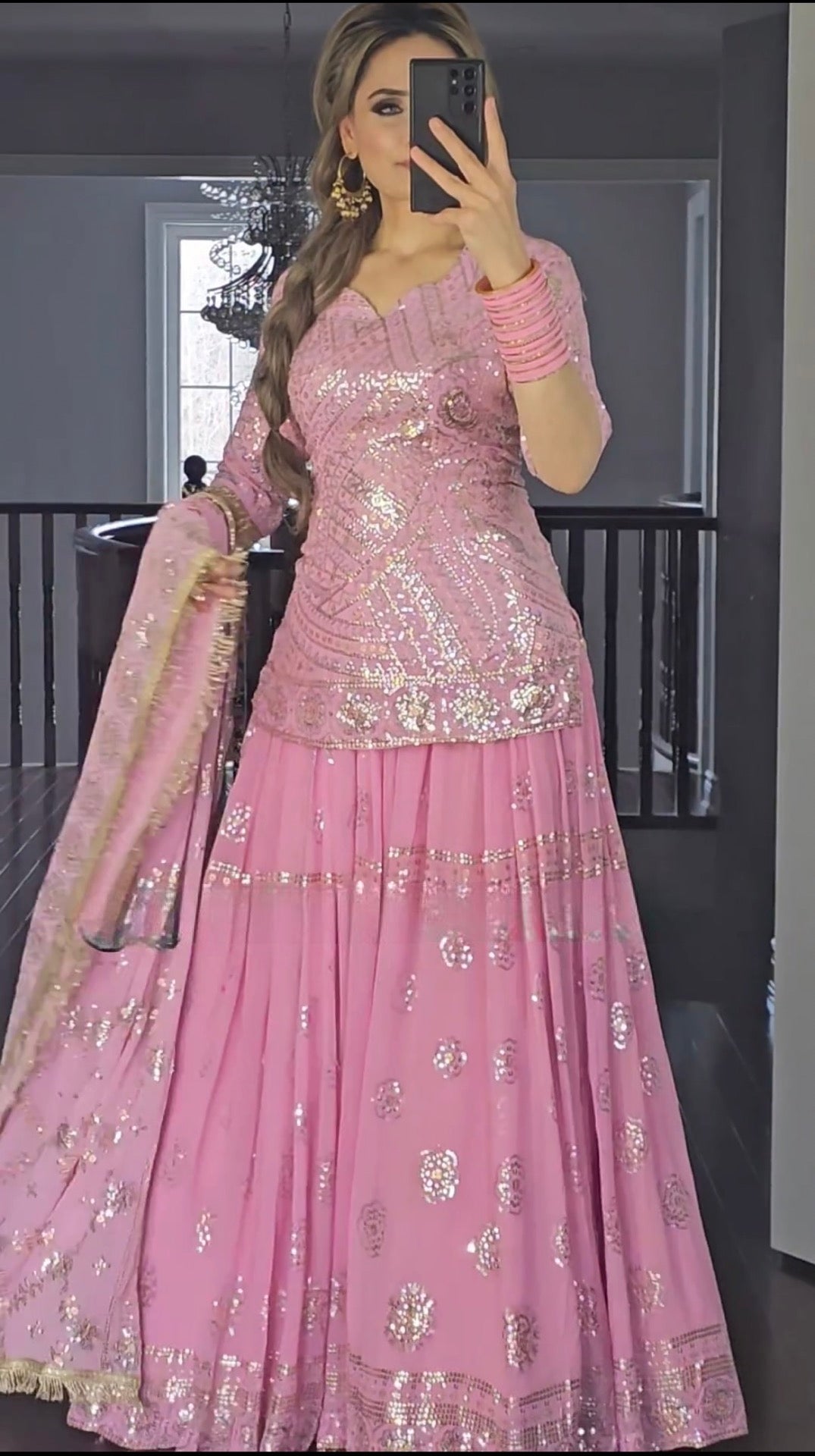 Pink Faux Georgette Suit with Lehenga Set