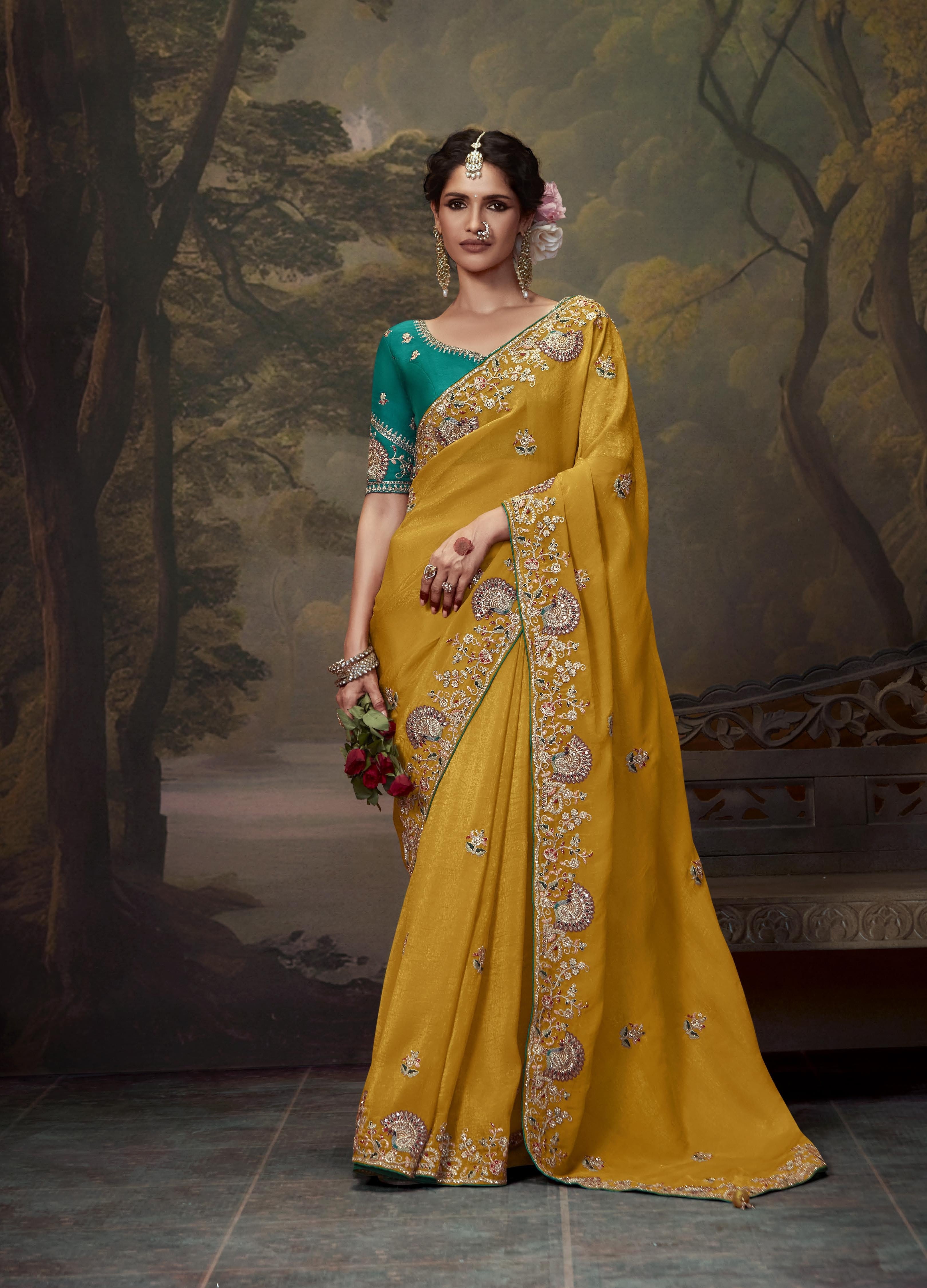 Vichitra Soft Silk with Work Embroidery Yellow Saree for Women