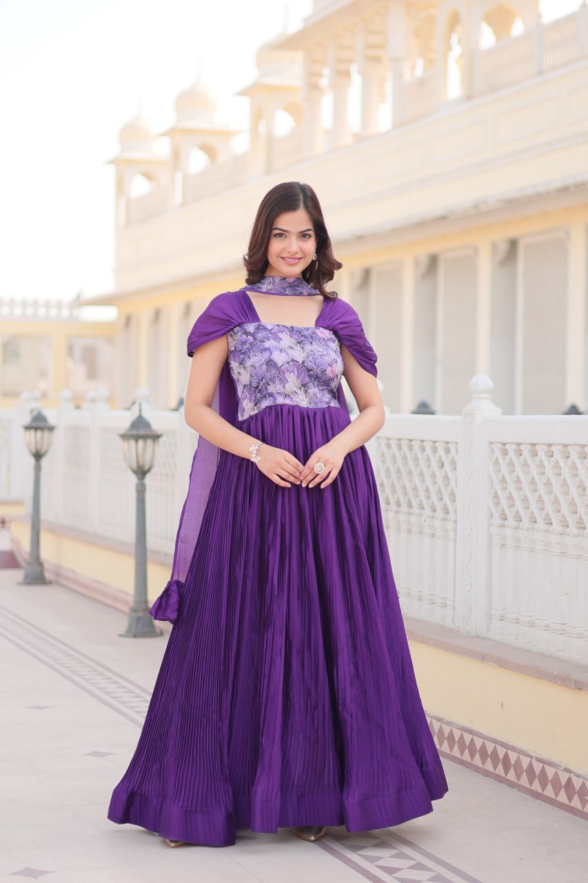 Flower Print Chinnon  Purple Anarkali Suit for Women