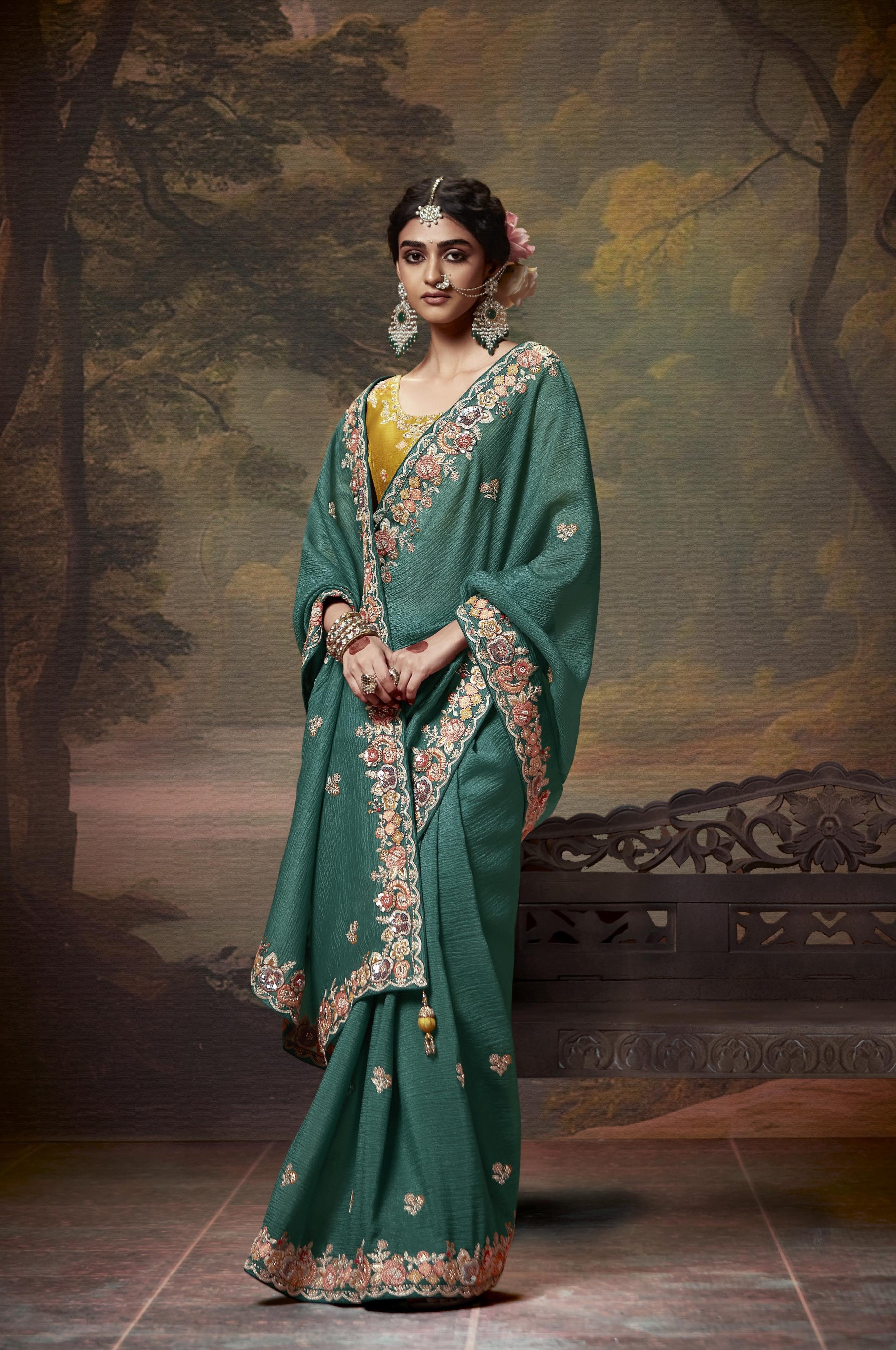 Vichitra Soft Silk with Embroidery Work Green Saree with Blouse