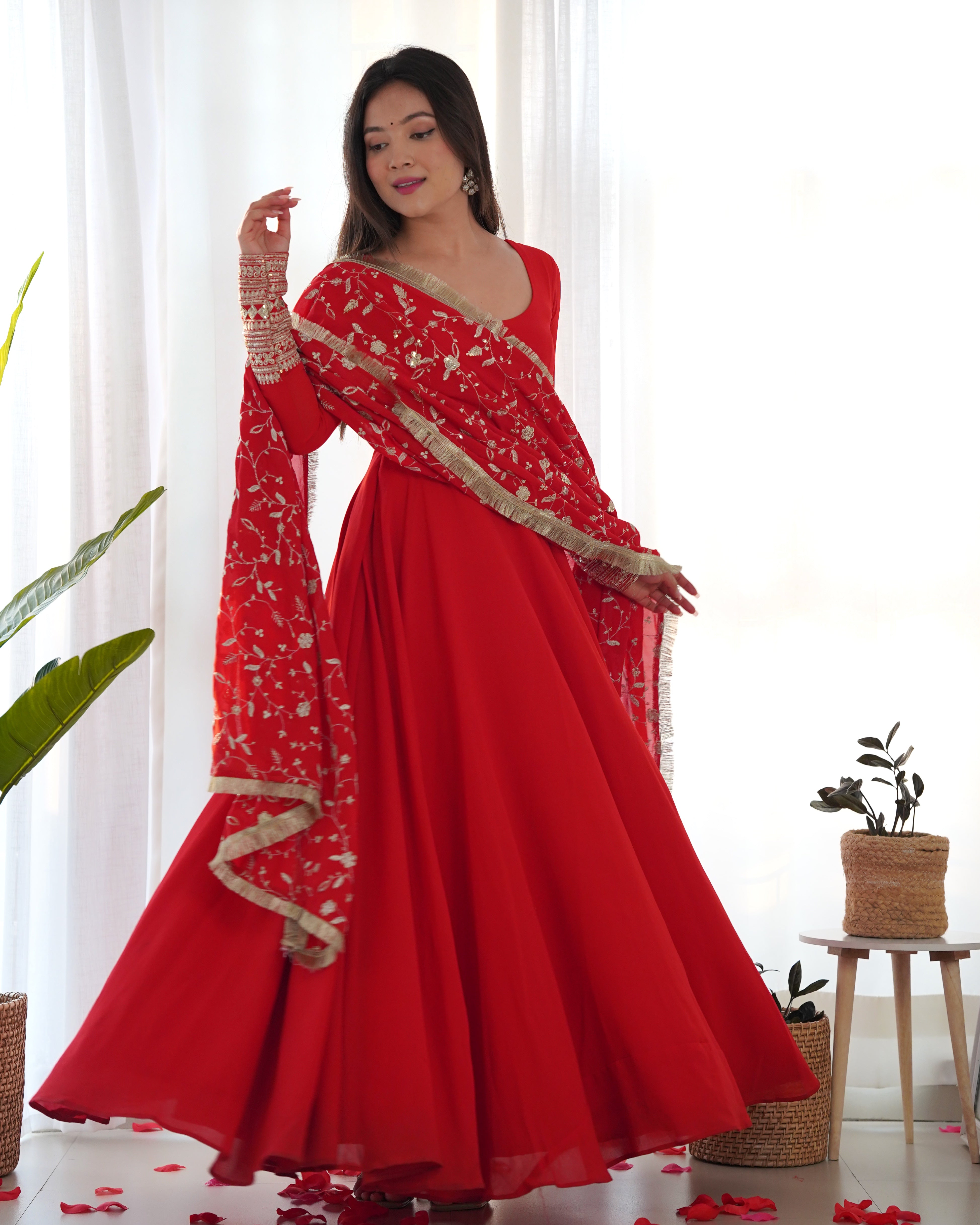 Red Soft Organza Silk Anarkali Gown for Women