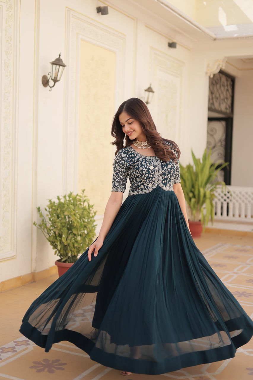 Green Anarkali Gown Embroidery, Zari and  Sequins Work