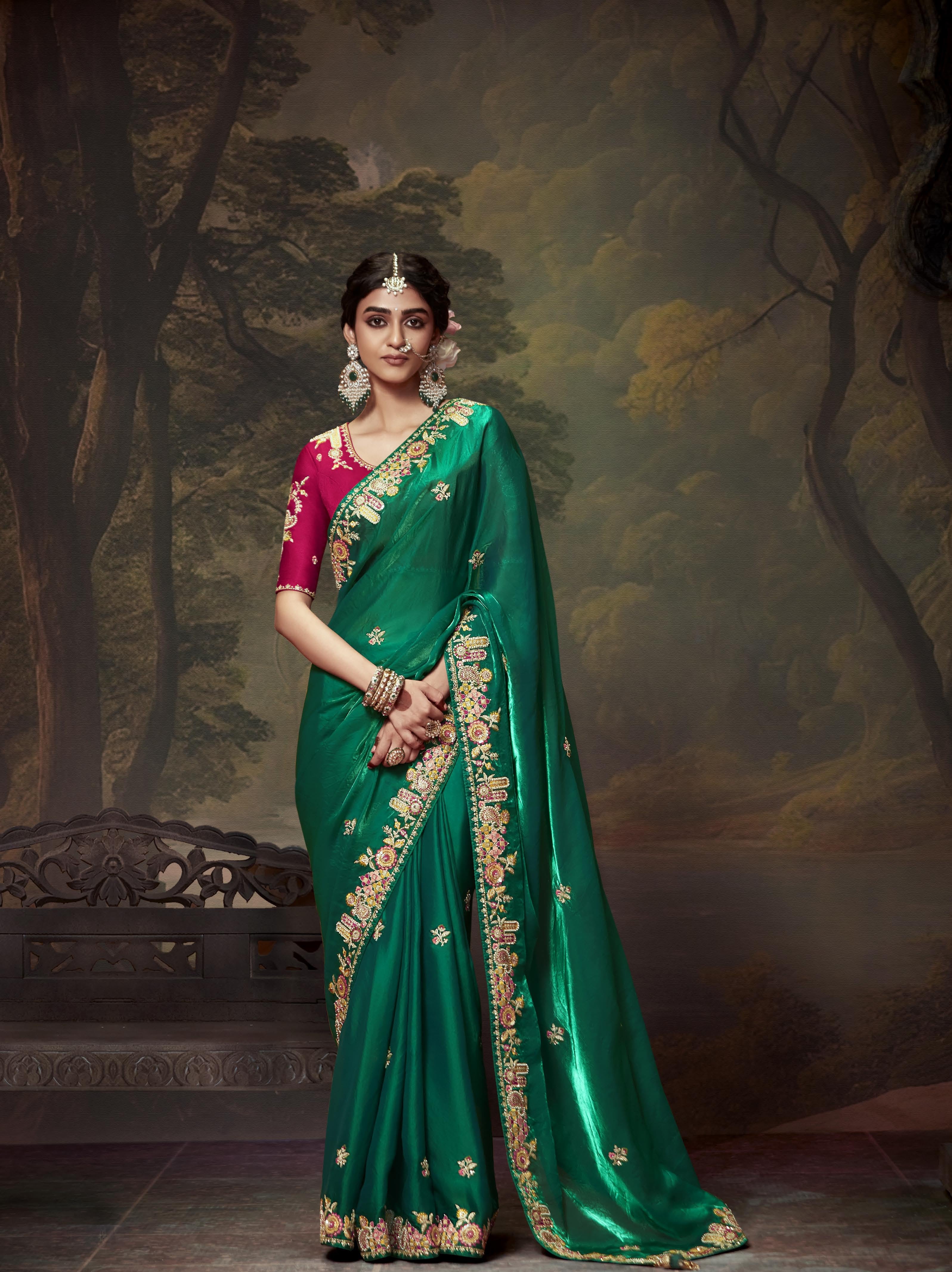 Vichitra Soft Silk Saree and Designer Pink Blouse