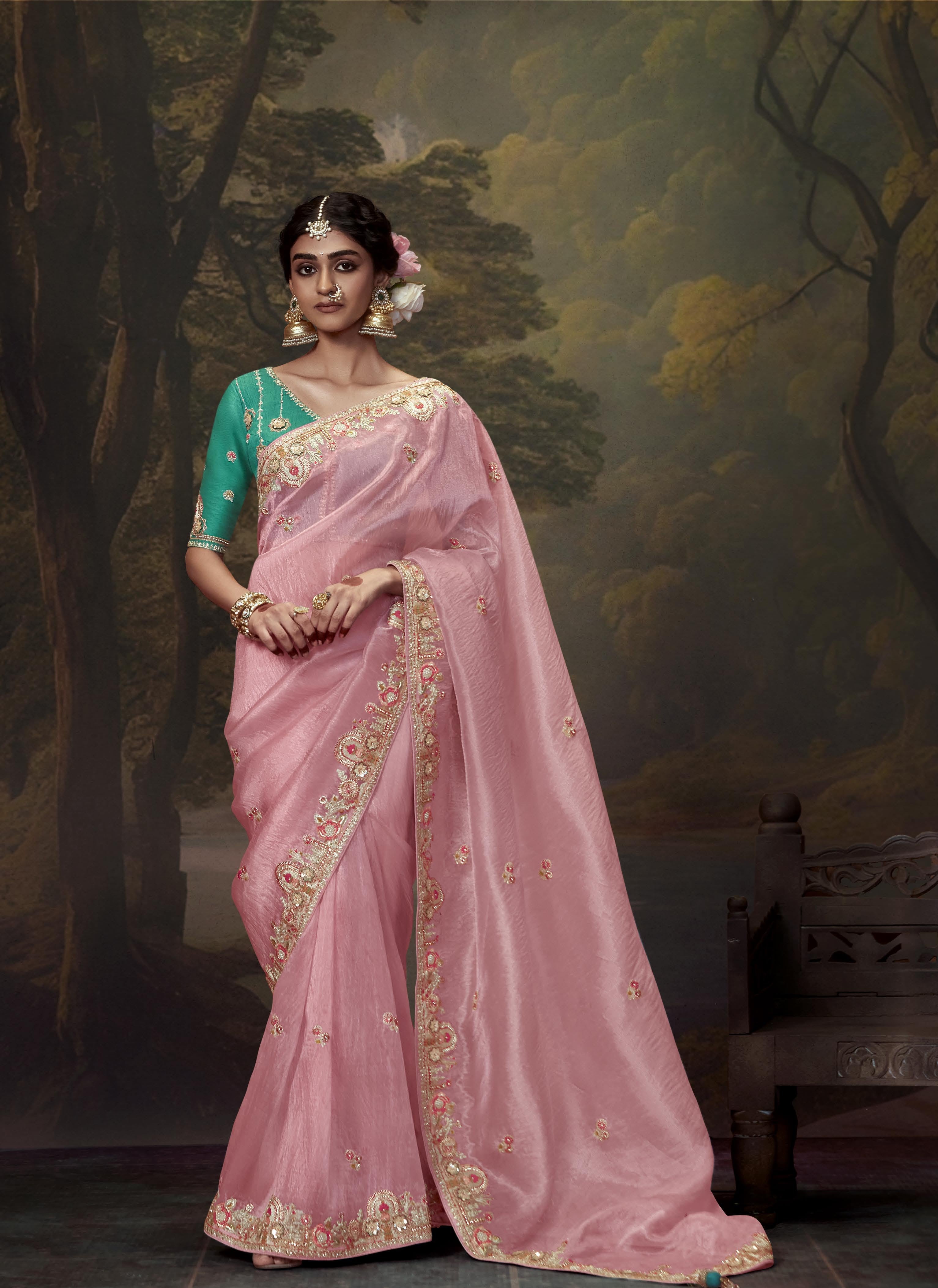 Pink Vichitra Soft Silk Saree Blouse Embroidery Work