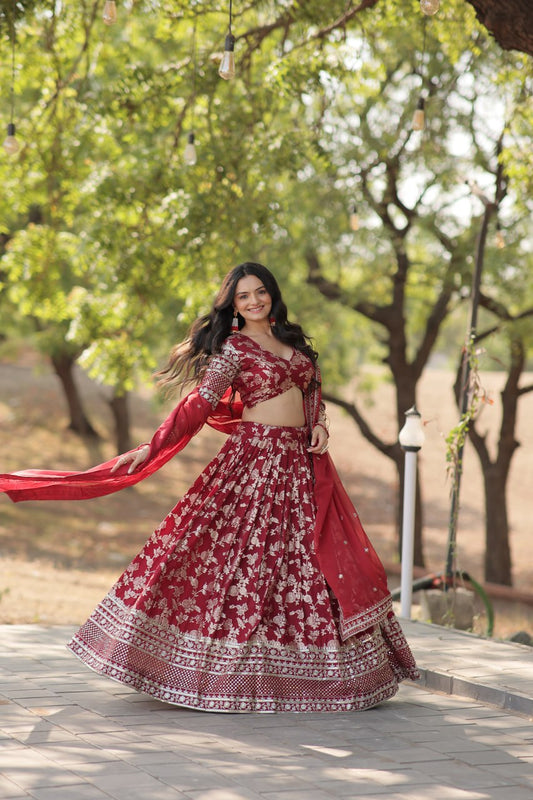 Stunning Pure Dyable Viscose Jacquard Red Color Lehenga Choli Set, with Embroidered & Sequins Work