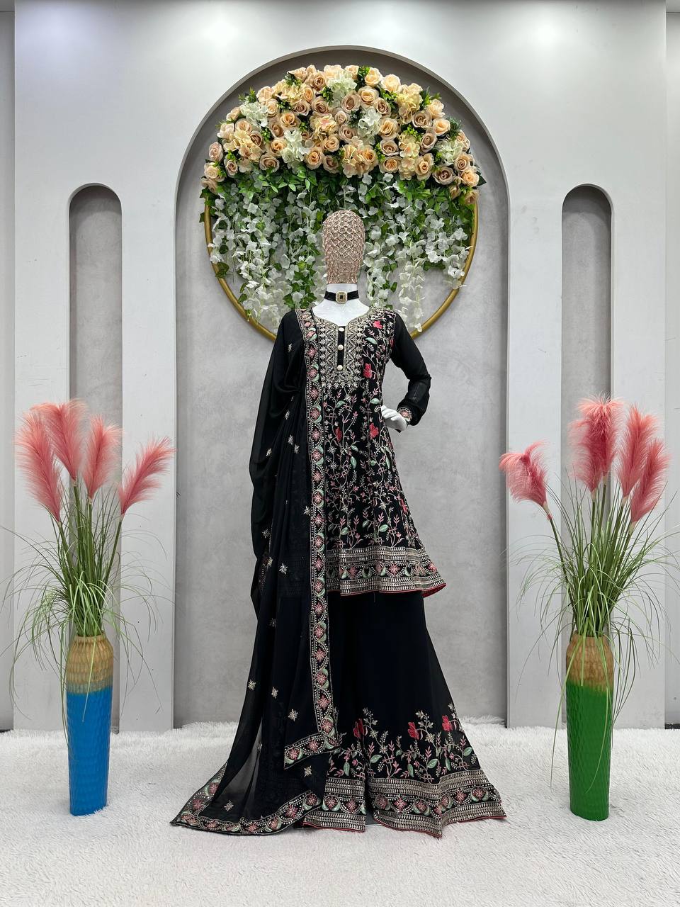 Black Georgette Sharara Suit with Palazzo Set for Women