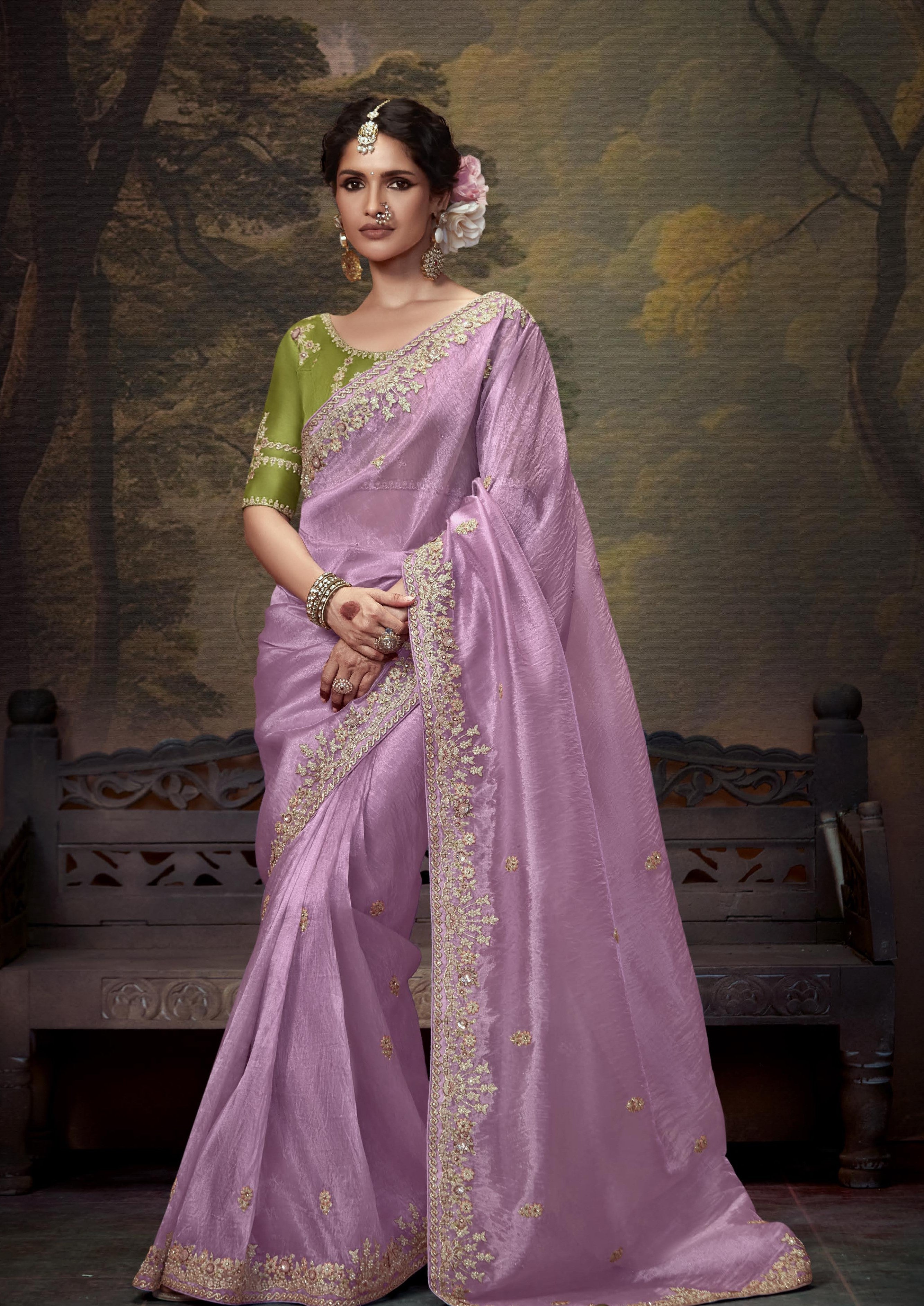 Pink Soft Saree and Green Embroidery Blouse for Women