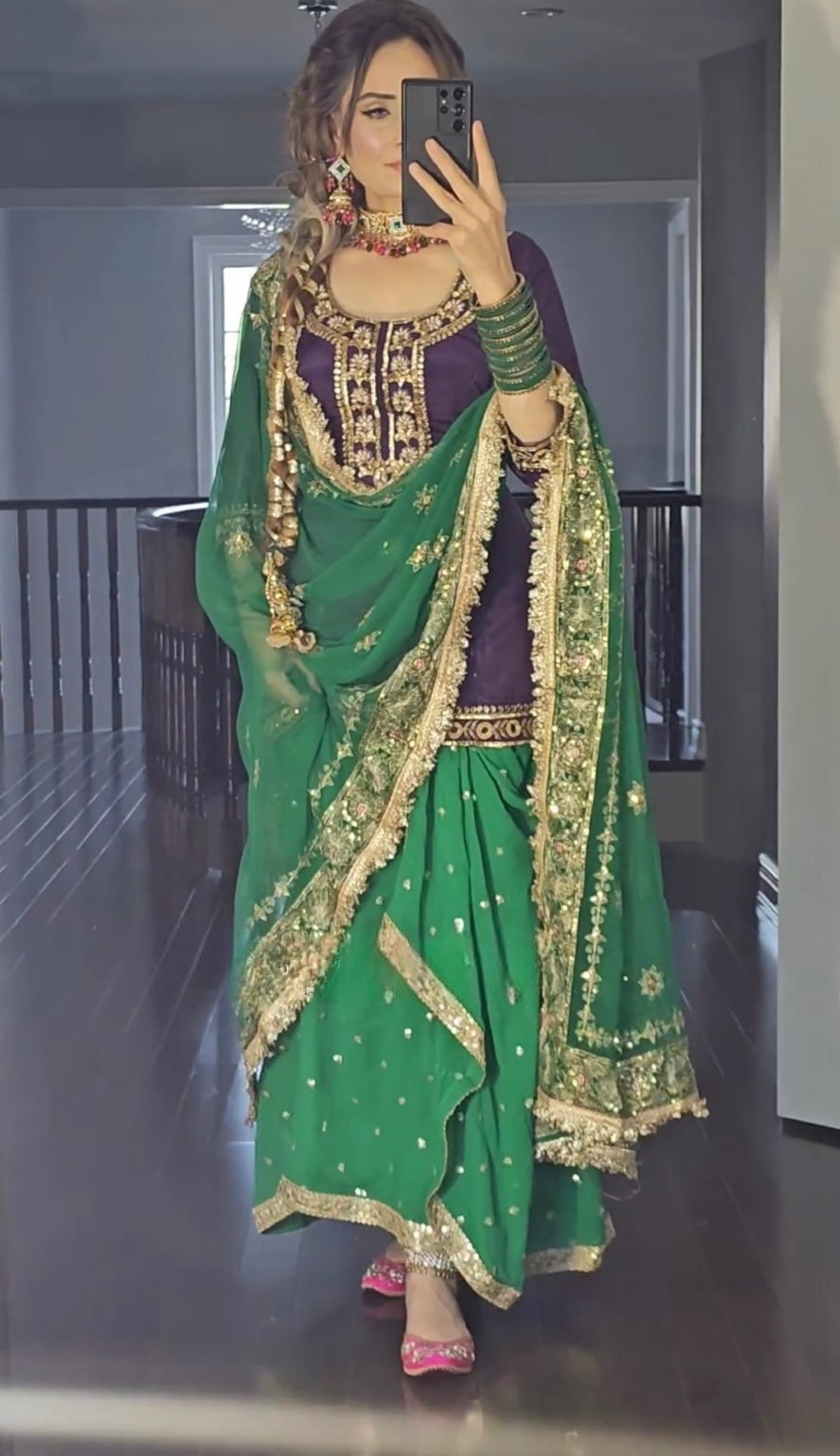 Faux Georgette Purple and Green Punjabi Suit with Dhoti Skirt