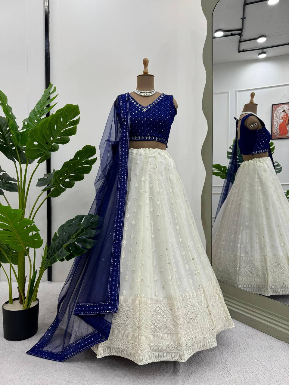 Partywear White Blue Color Lehenga Choli With Dupatta For Wedding Wear