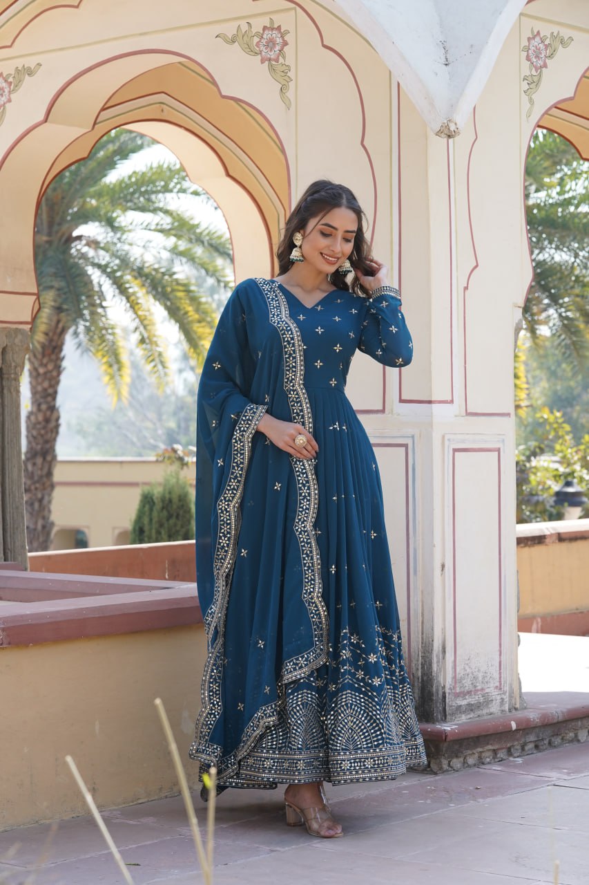 Russian Silk with Embroidery Printed Anarkali Gown