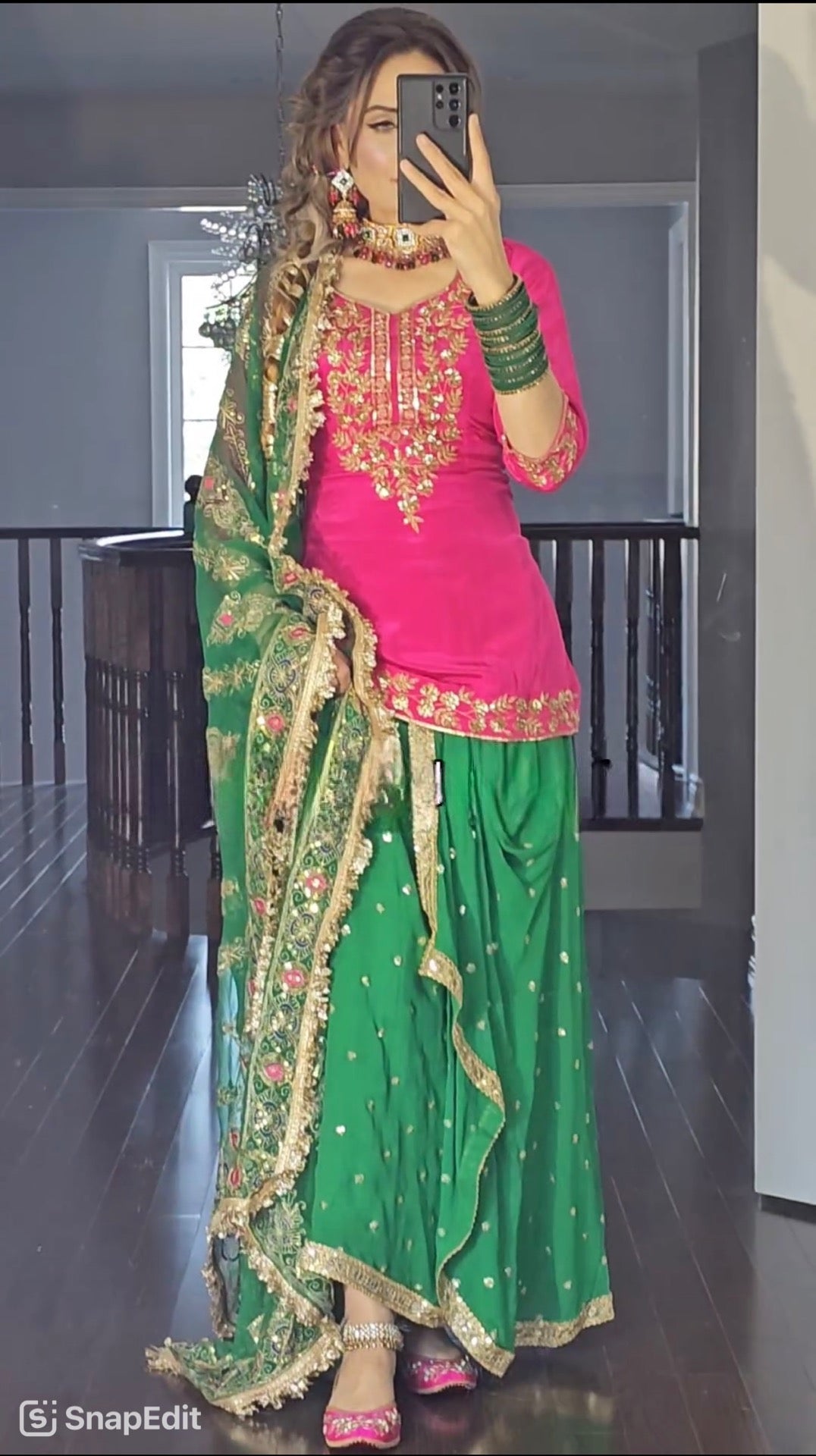 Pink and Green Punjabi Wedding Top with Dhoti Skirt