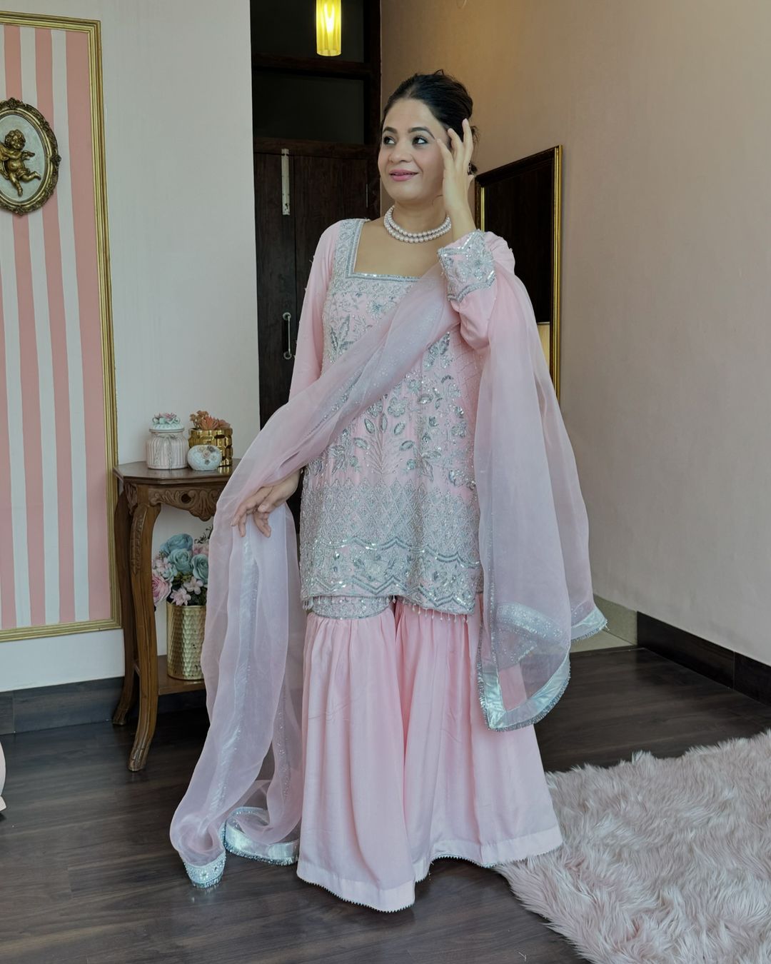 Pink Georgette Embroidery Sharara Palazzo Suit for Punjabi Wedding