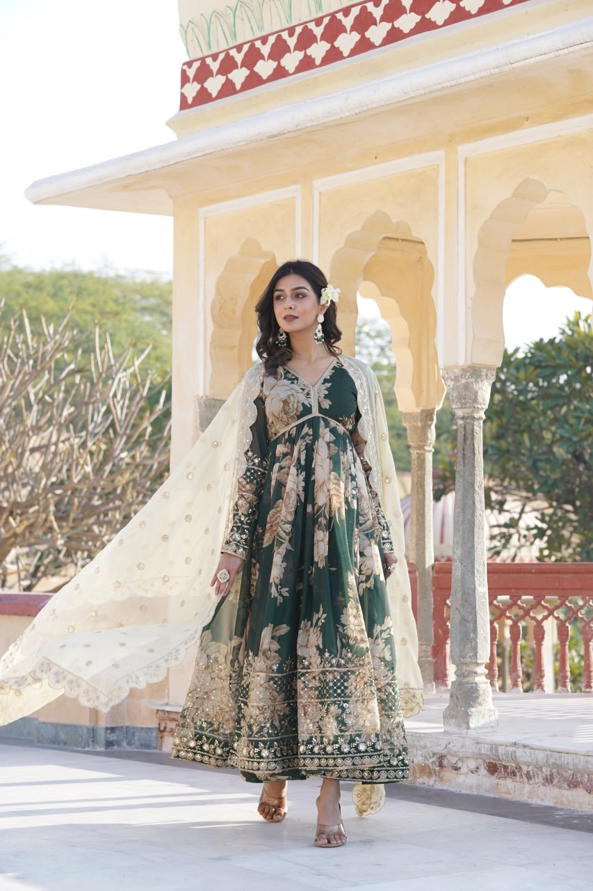 Silk with Embroidery Green Anarkali Suit