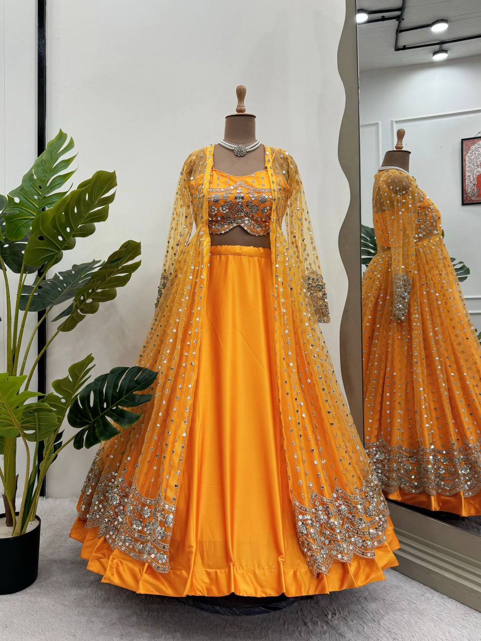 Luxurious Japan Satin Lehenga with 4.5 Meter Flair, Butterfly Net Choli & Koti with Sequins