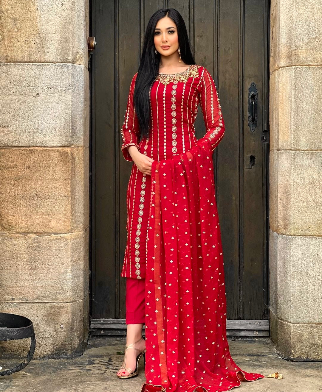 Georgette with Embroidery Red Salwar Suit