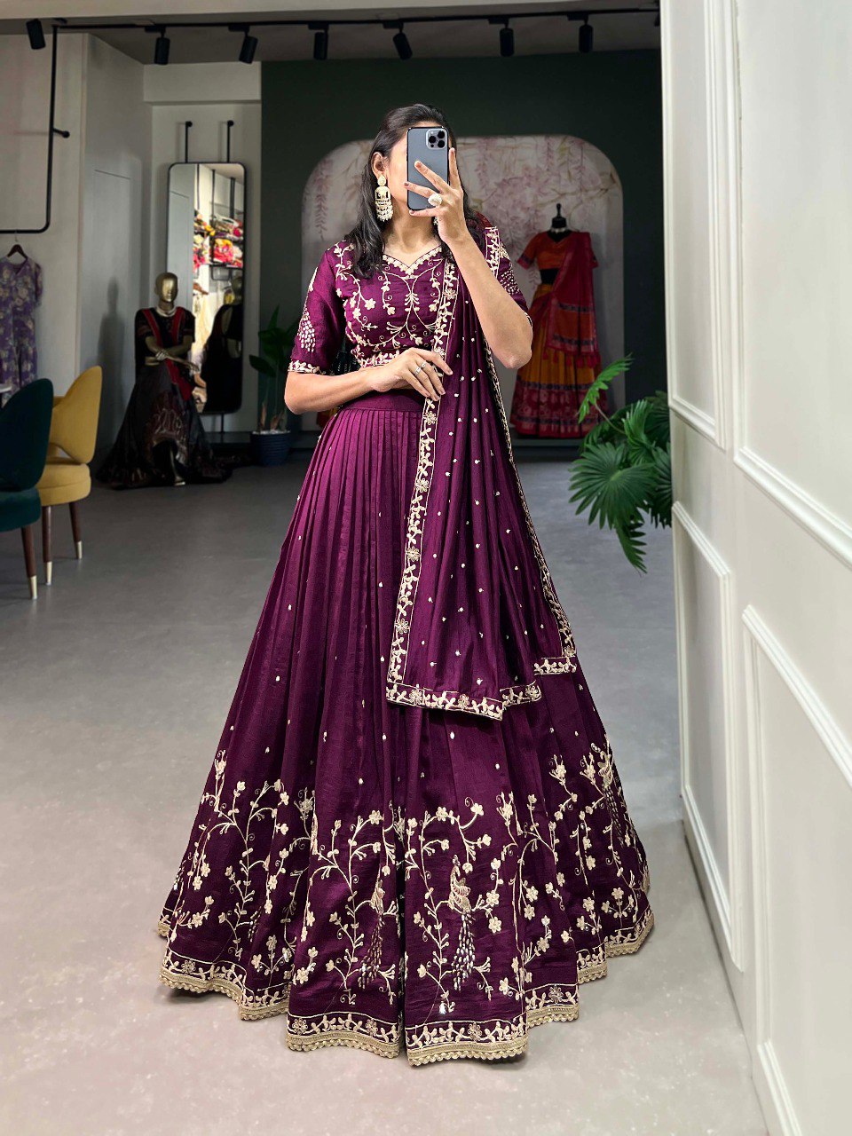 Luxurious Vichitra Silk Sequins and Embroidery Lehenga Choli