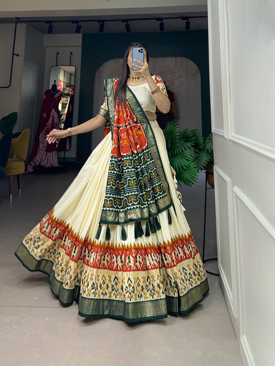 Elegant Tussar Silk Lehenga Set with Patola Print and Foil Work