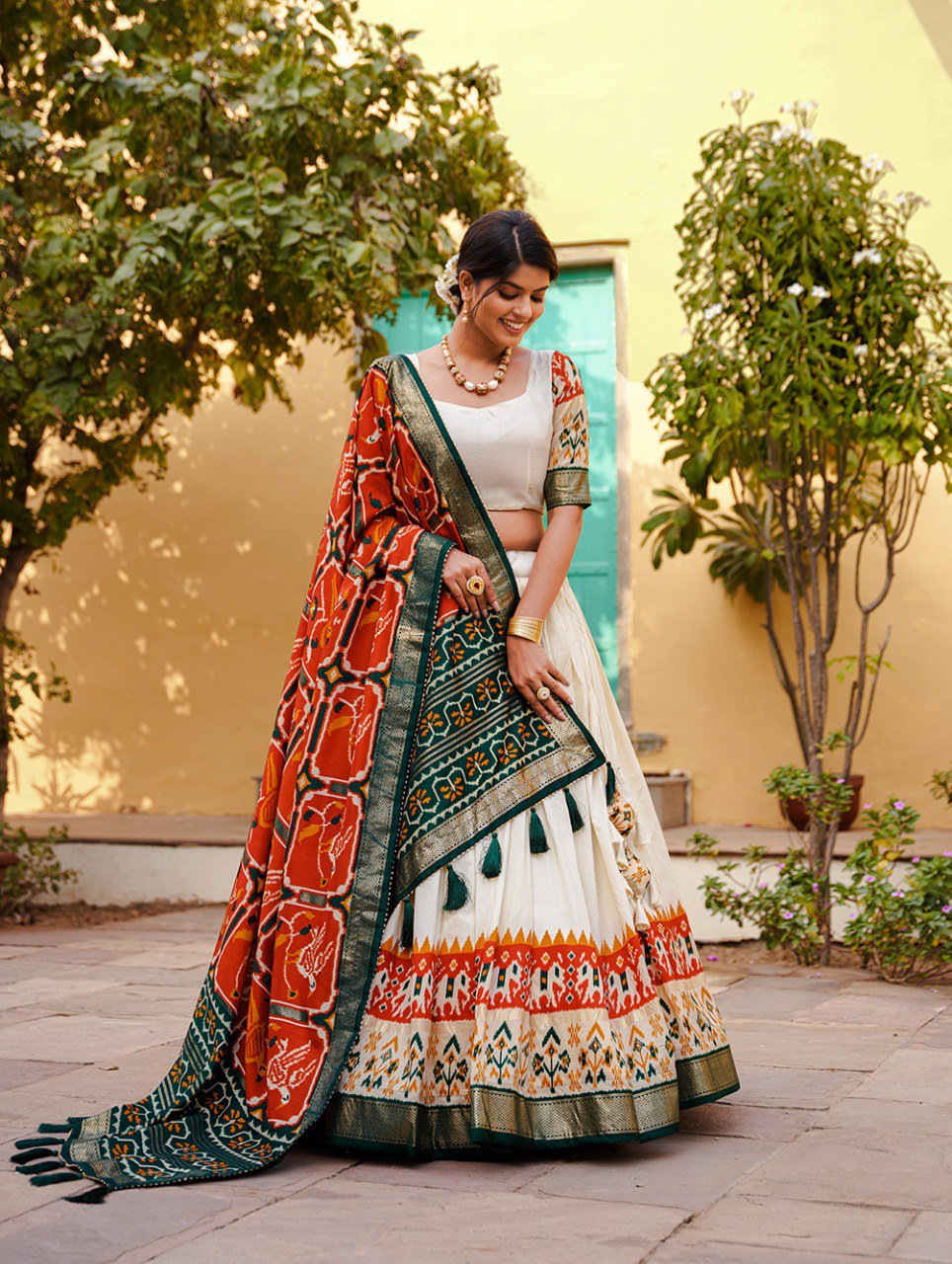 Opulent Tussar Silk Lehenga Set with Patola and Foil Print, Traditional Outfits For Women