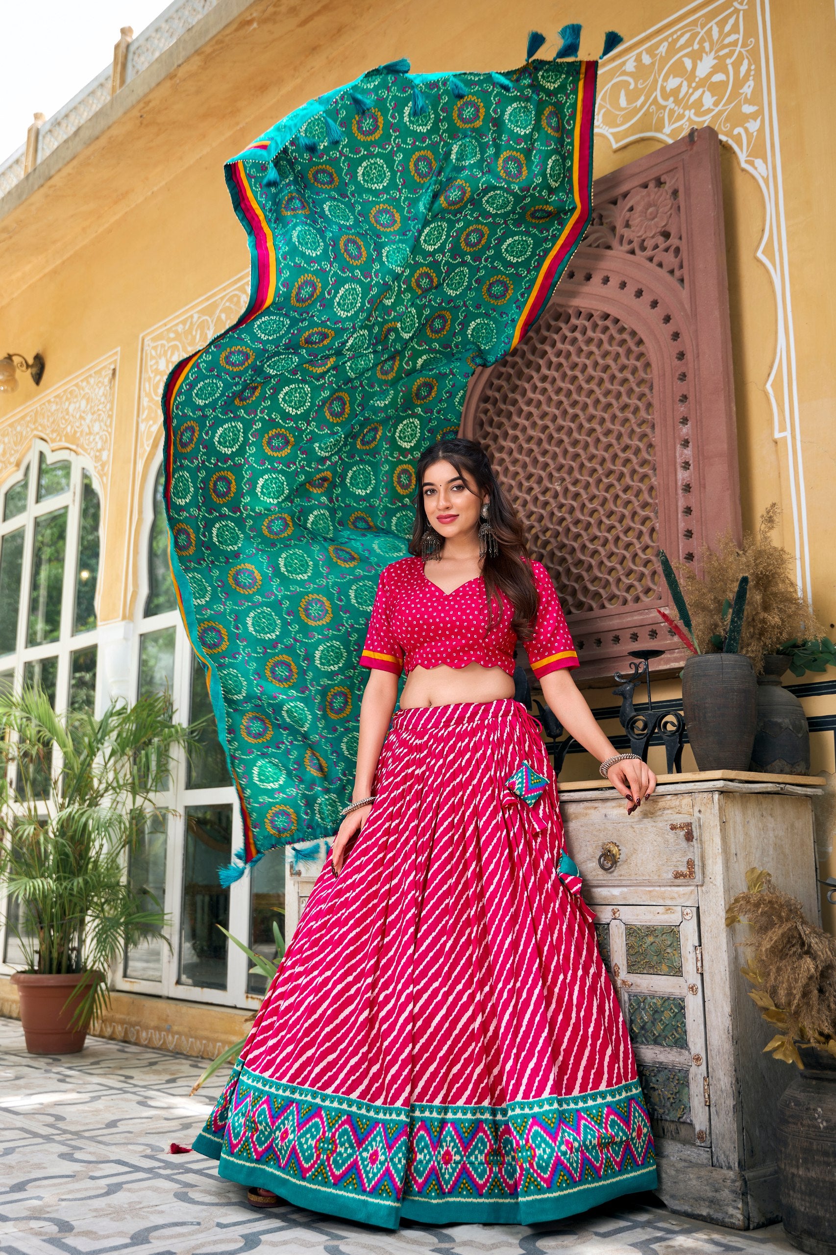 Leheriya Printed Silk Lehenga Choli With Printed Dupatta