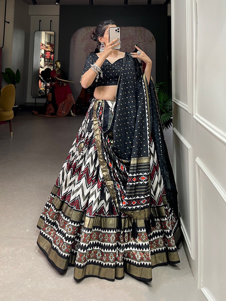 Black Tussar Silk Lehenga Blouse with Dupatta for Women