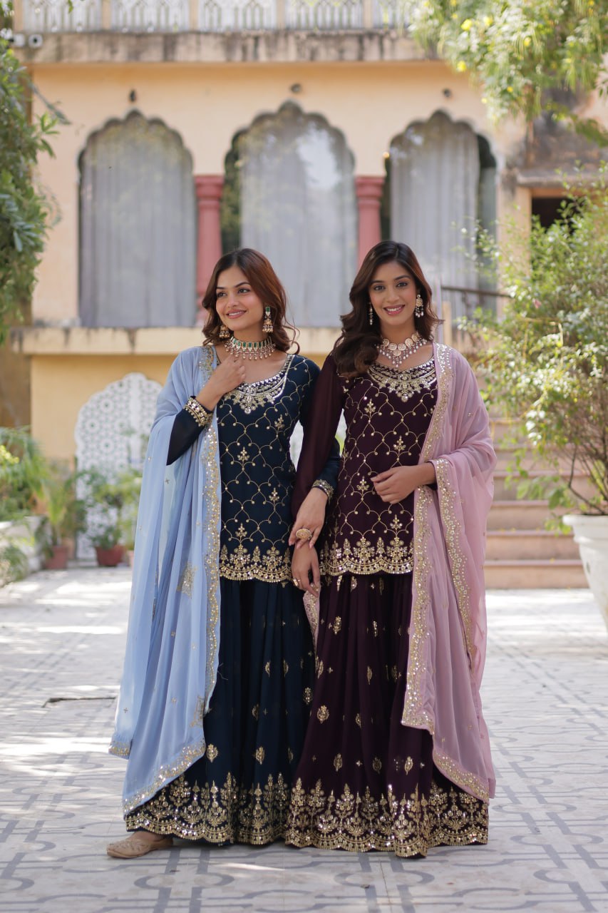 Faux blooming fabric with sequins embroidery salwar suit with palazzo for women, Eid outfit