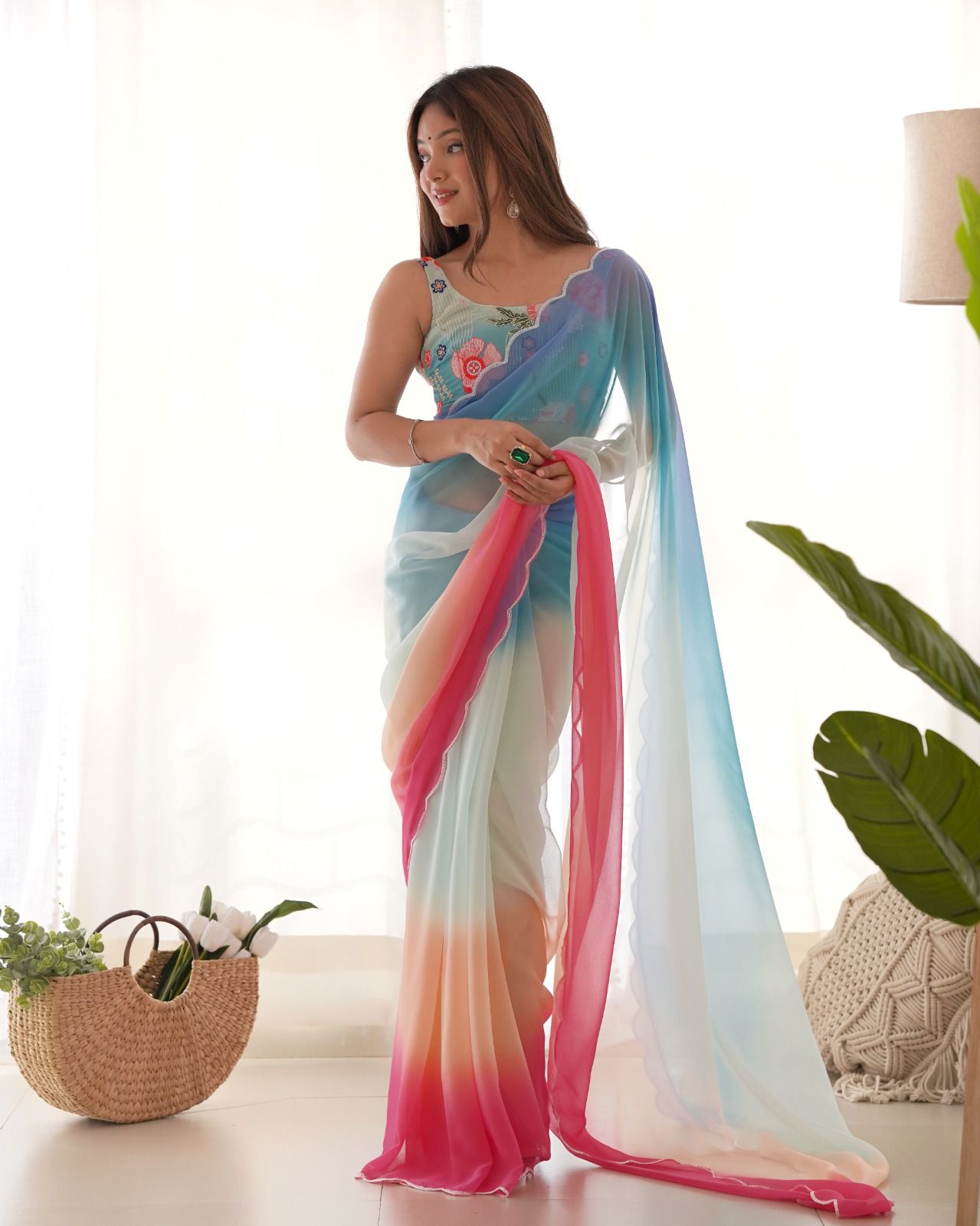 Elegant Soft Georgette Saree with Dual Embroidery Work For festive ceremony